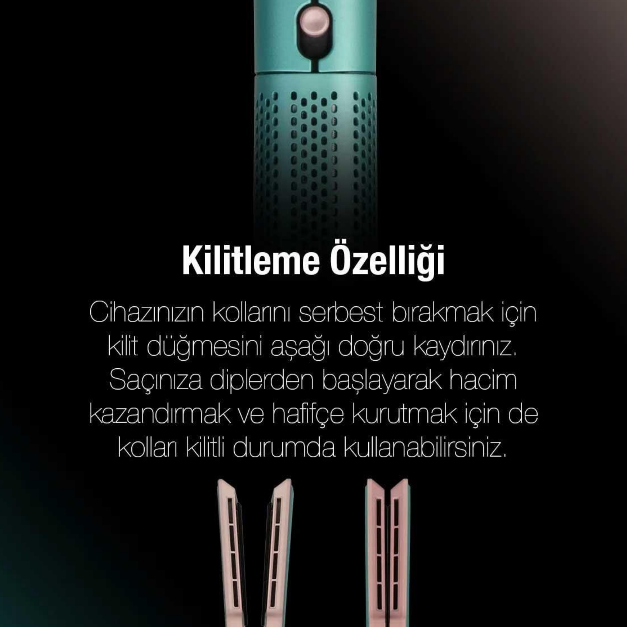 Görsel, siyah arka plan üzerinde kilitleme özelliği hakkında Türkçe metin içeren yeşil bir saç aleti gösteriyor.