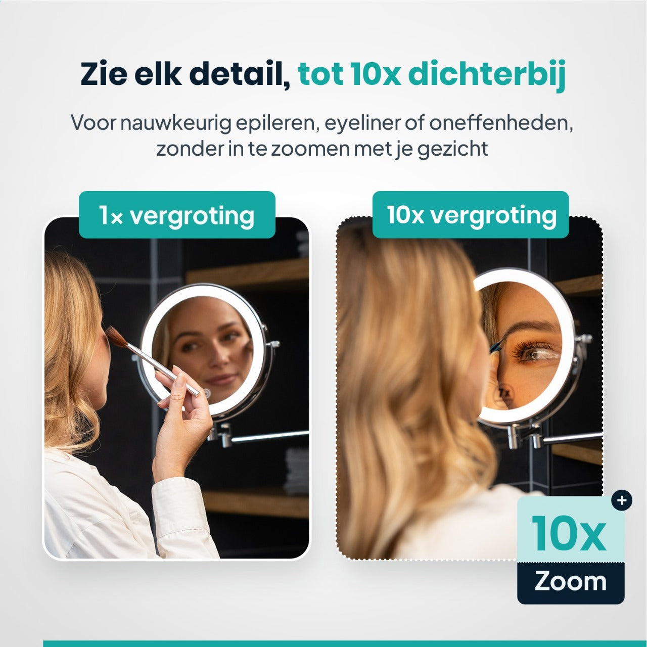 Afbeelding toont twee vrouwen die vergrotende spiegels gebruiken. De ene brengt make-up aan, de andere eyeliner.