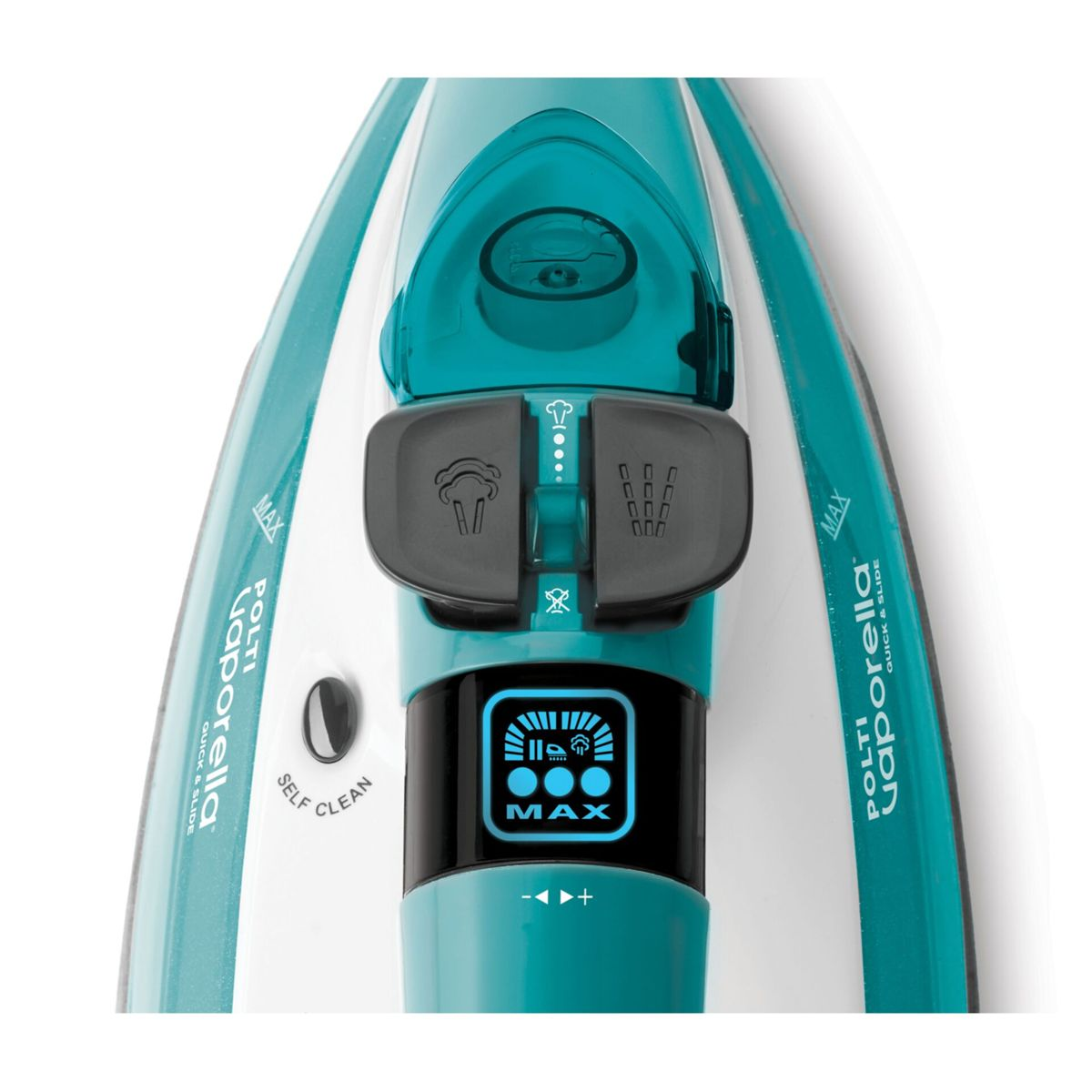 Żelazko w turkusowo-białym designie. Posiada przyciski, cyfrowy wyświetlacz i markę 'Polti Vaporella'.