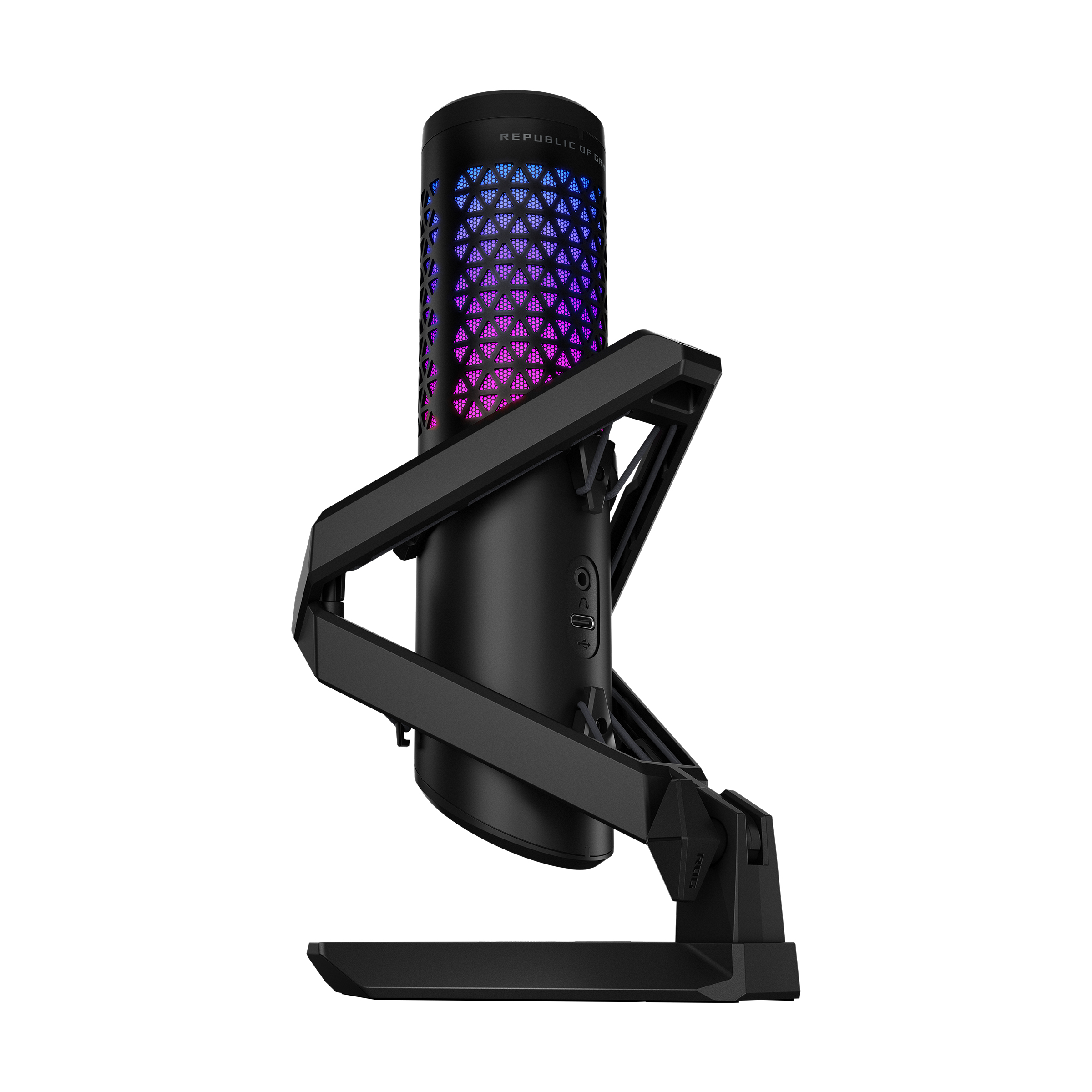 Een zwarte microfoon met RGB-verlichting op een standaard. De standaard heeft een modern ontwerp. De achtergrond is wit.