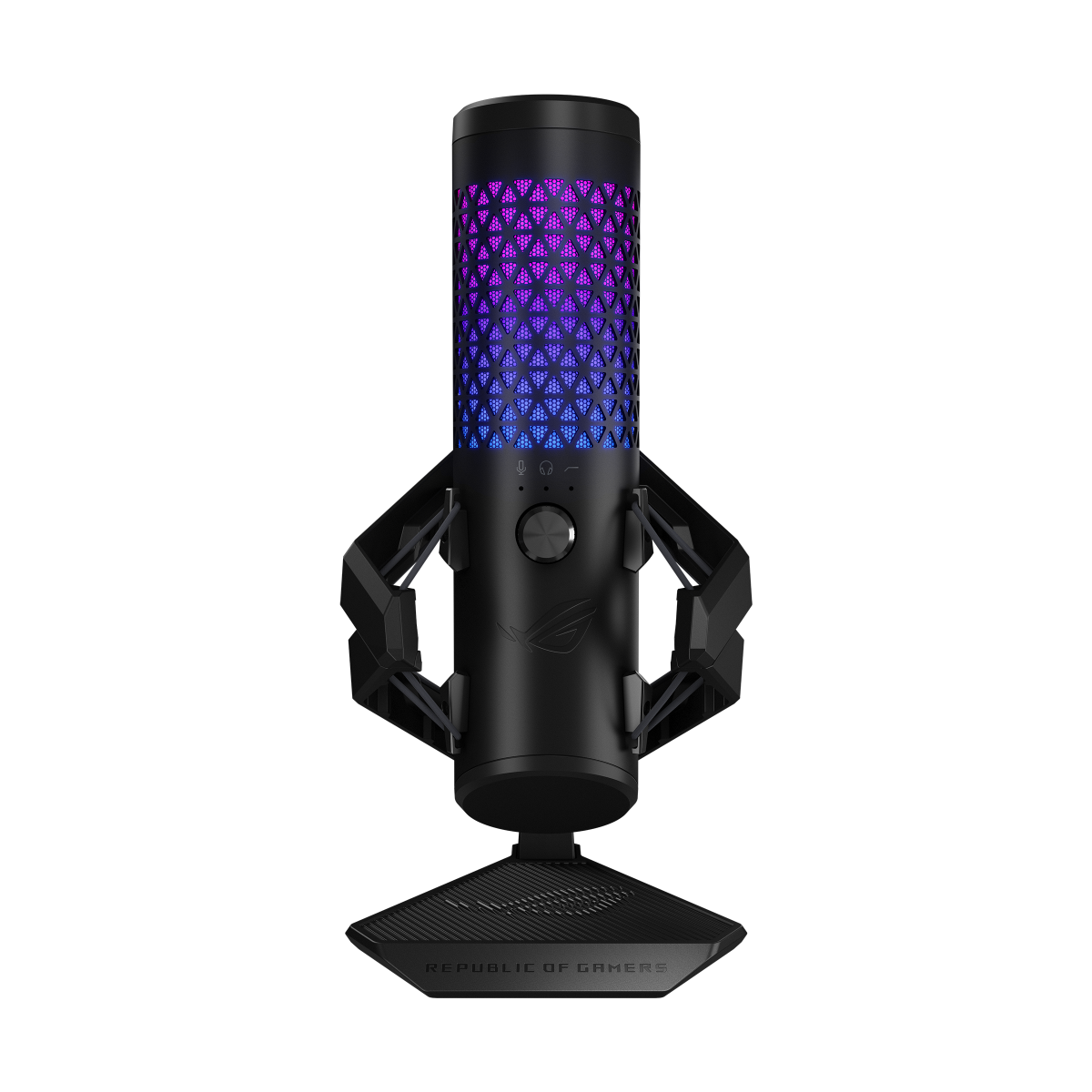 Een zwarte ROG-microfoon met blauwe en paarse verlichting. Hij staat op een standaard. De basis zegt Republic of Gamers.