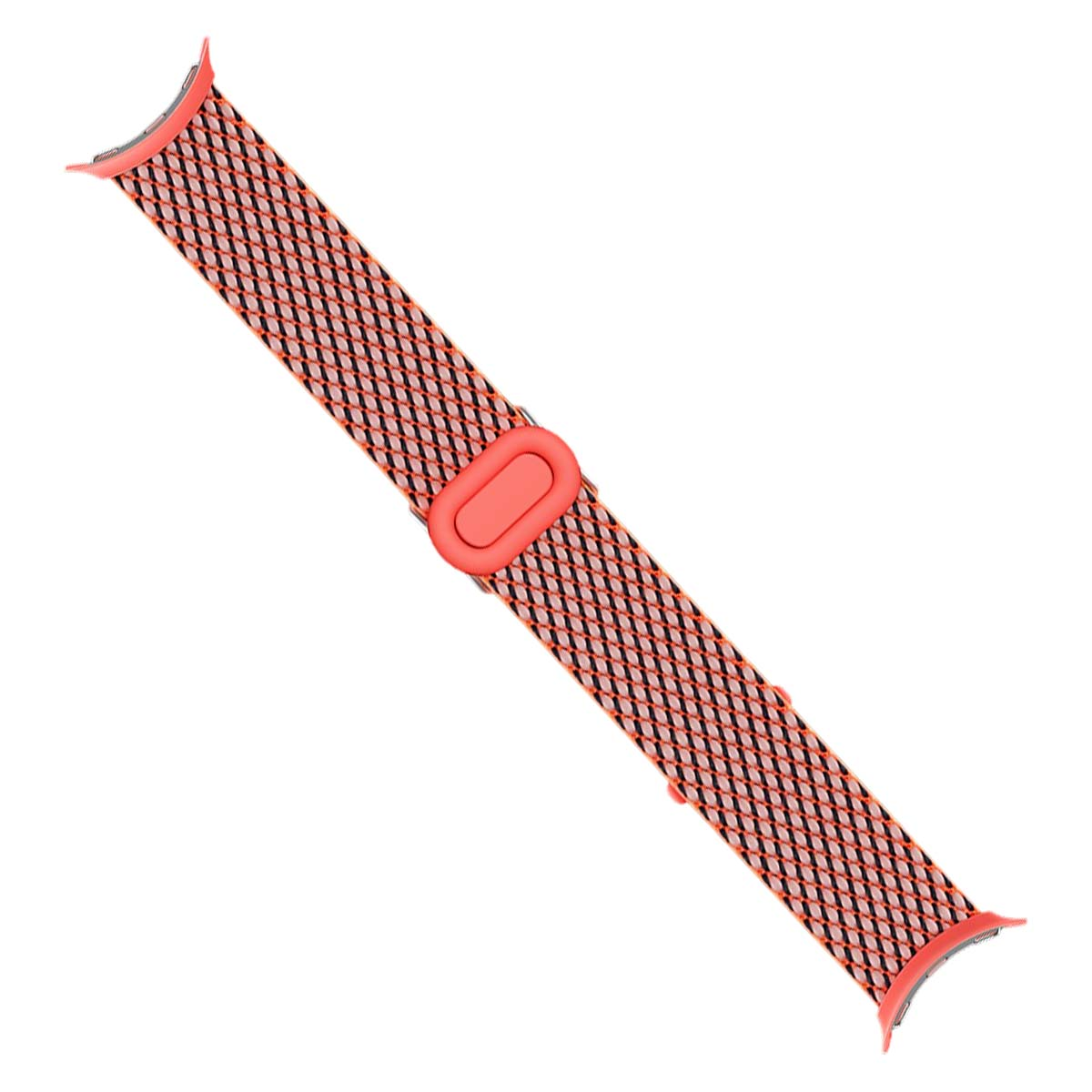 Una correa de reloj orientada diagonalmente con un patrón de malla coral y una hebilla coral, sobre un fondo blanco.