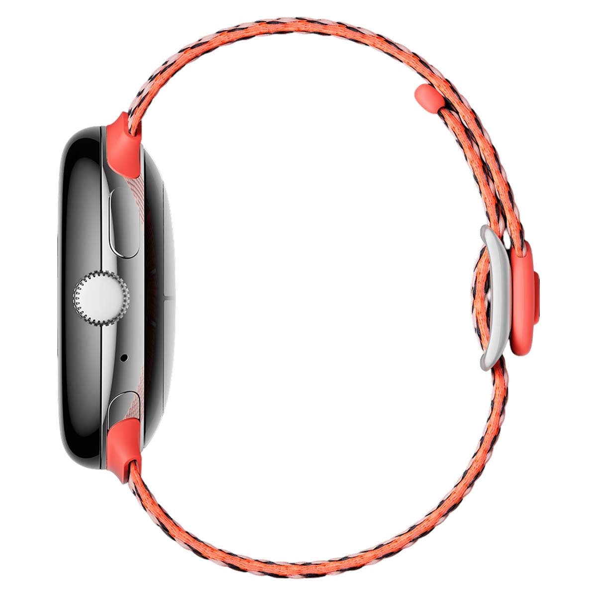 Vista lateral de un reloj inteligente plateado con una correa tejida naranja y negra. La correa está conectada al reloj con conectores rojos.