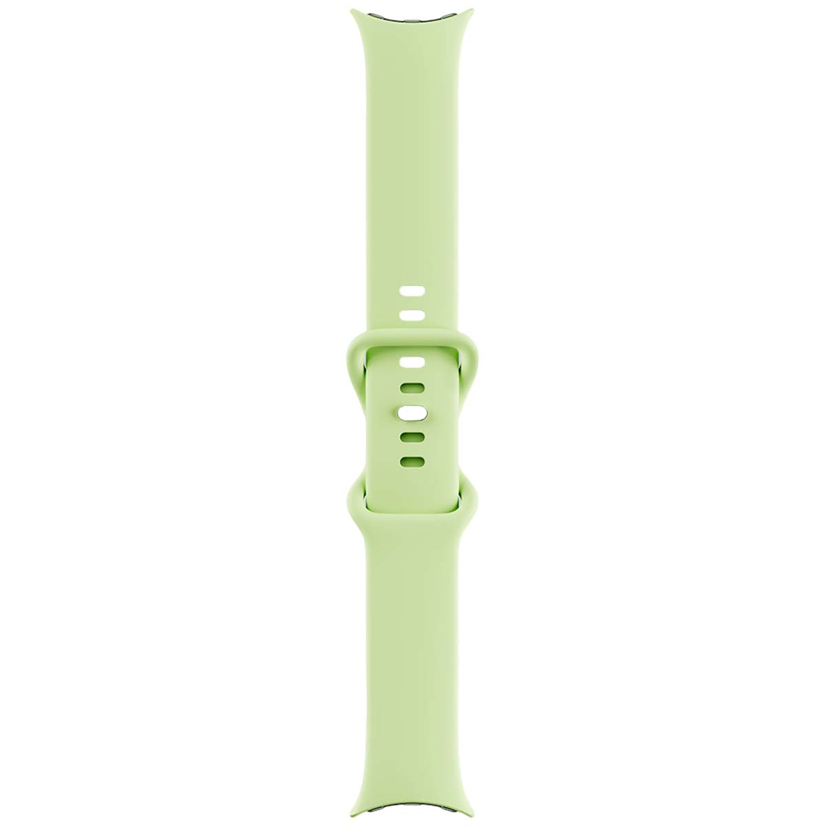 Una correa de reloj verde claro con hebilla. La correa es vertical sobre fondo blanco. La hebilla tiene varios agujeros.