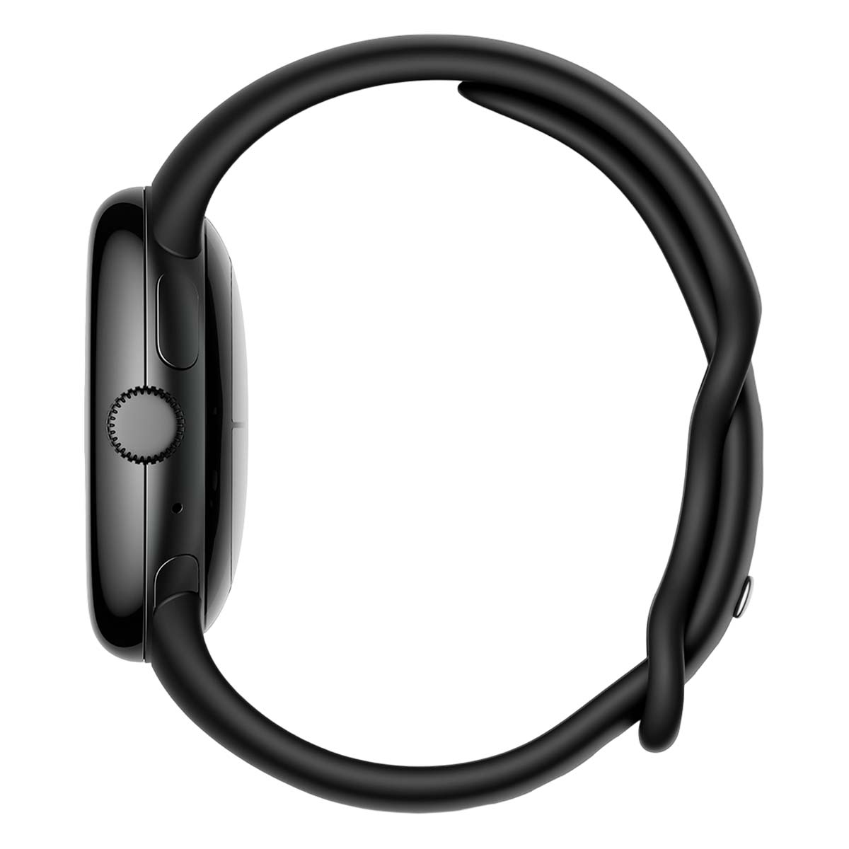 Un reloj inteligente negro con pantalla curva y correa negra, vista lateral. La correa está torcida para formar un bucle.