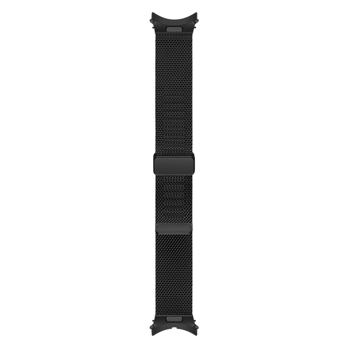 Un cinturino nero con design a rete e chiusura magnetica su sfondo bianco. Il cinturino ha un'estremità curva.