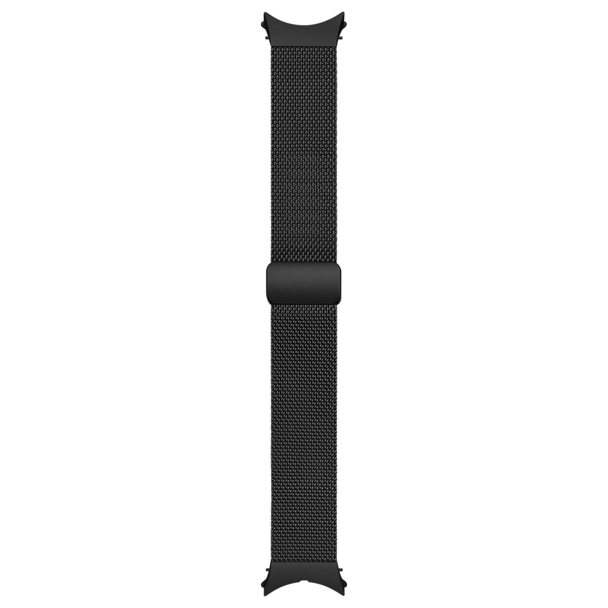 Un cinturino nero in acciaio inossidabile. Ha un design a rete, con una chiusura nera al centro e estremità curve.