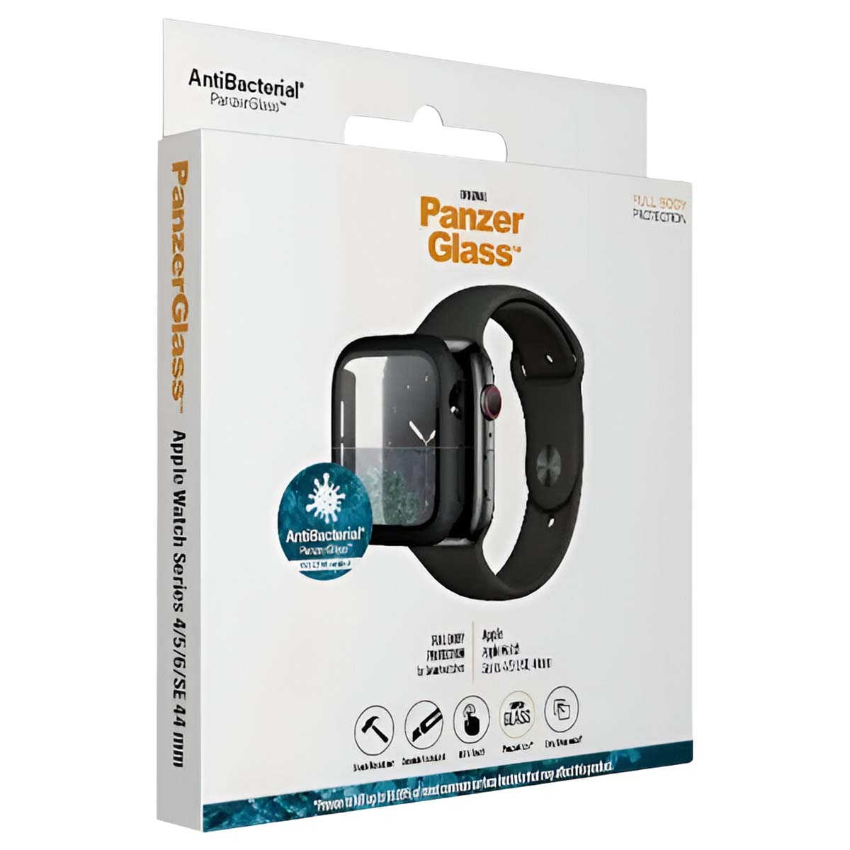 Pudełko PanzerGlass z Apple Watchem. Na pudełku napisy 'PanzerGlass', 'Antibacterial' i 'Apple Watch Series'. Zegarek jest czarny.