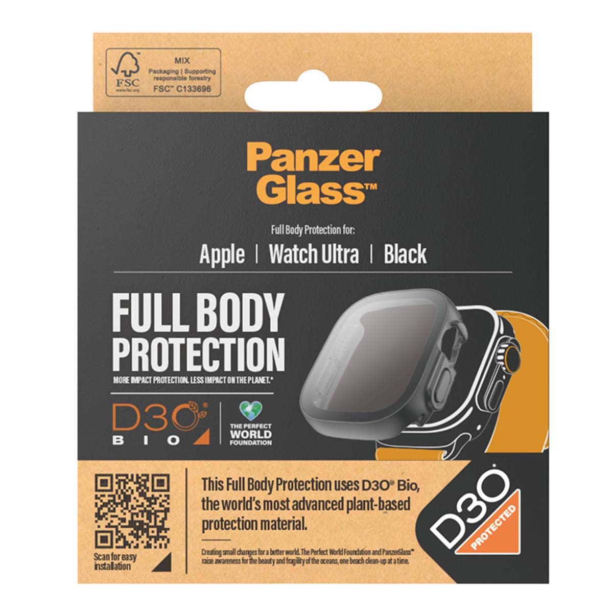 Opakowanie Panzer Glass. Pokazuje ochronę Apple Watch Ultra, czarne. Tekst zawiera 'Full Body Protection' i 'D3O Bio'.