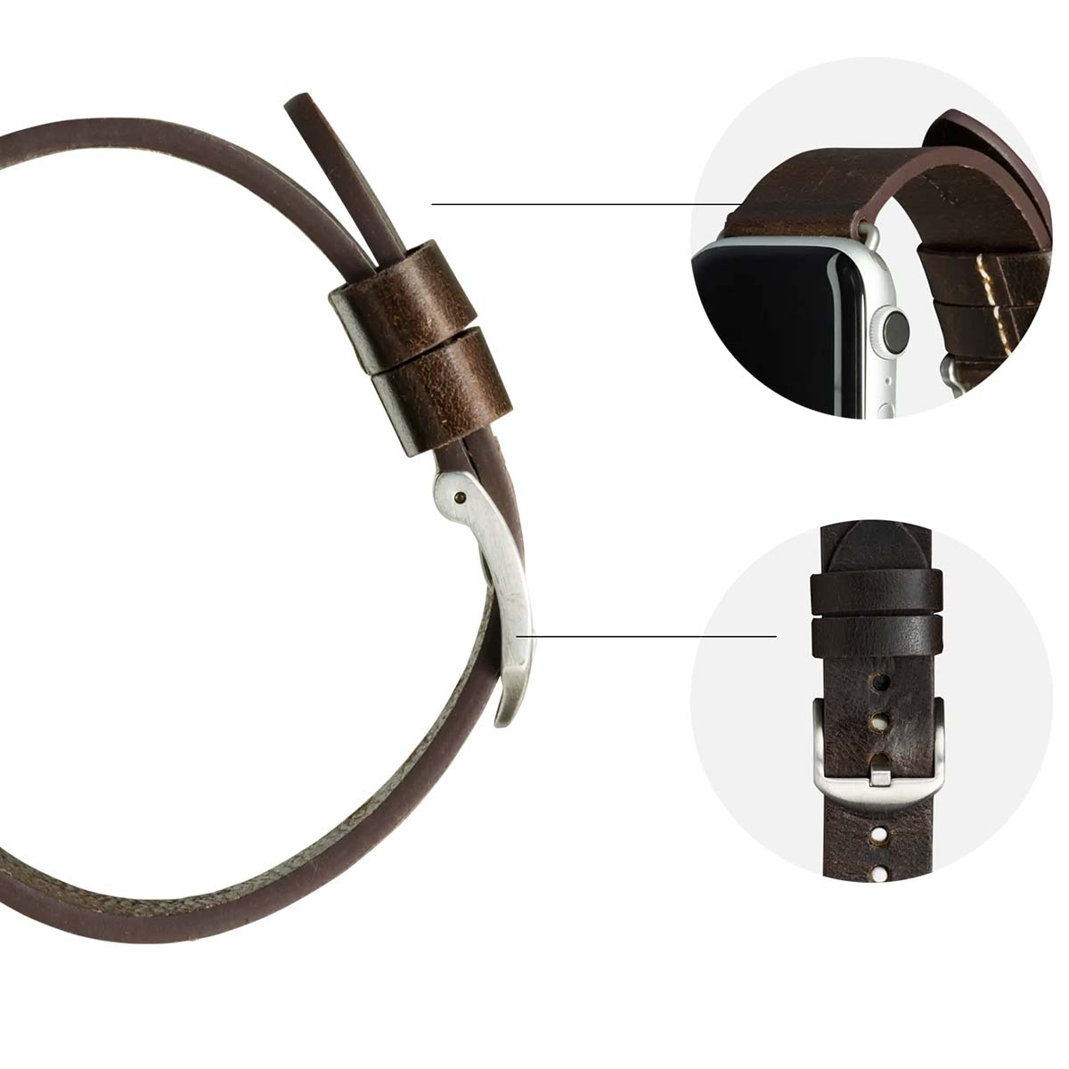 Cinturino in pelle marrone con chiusura in metallo. Include primi piani dei dettagli del cinturino e come si attacca all'orologio.