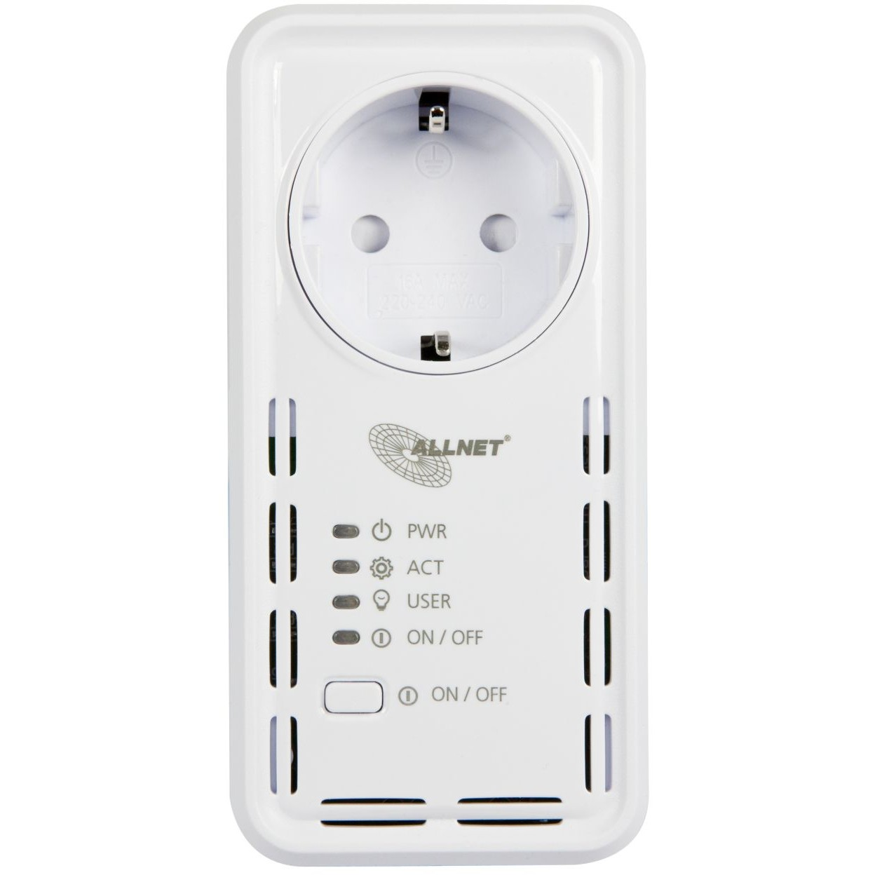 Adattatore di alimentazione Allnet bianco con presa rotonda e spie luminose. Il logo e le etichette sono visibili. Lo sfondo è bianco.
