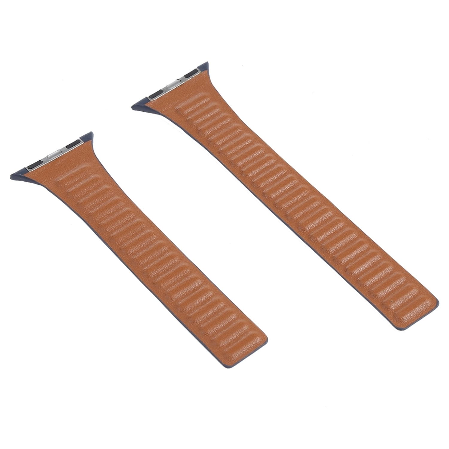 Zwei braune Leder-Uhrenarmbänder auf weißem Hintergrund. Jeder Riemen hat eine strukturierte Oberfläche und dunkelblaue Kanten.