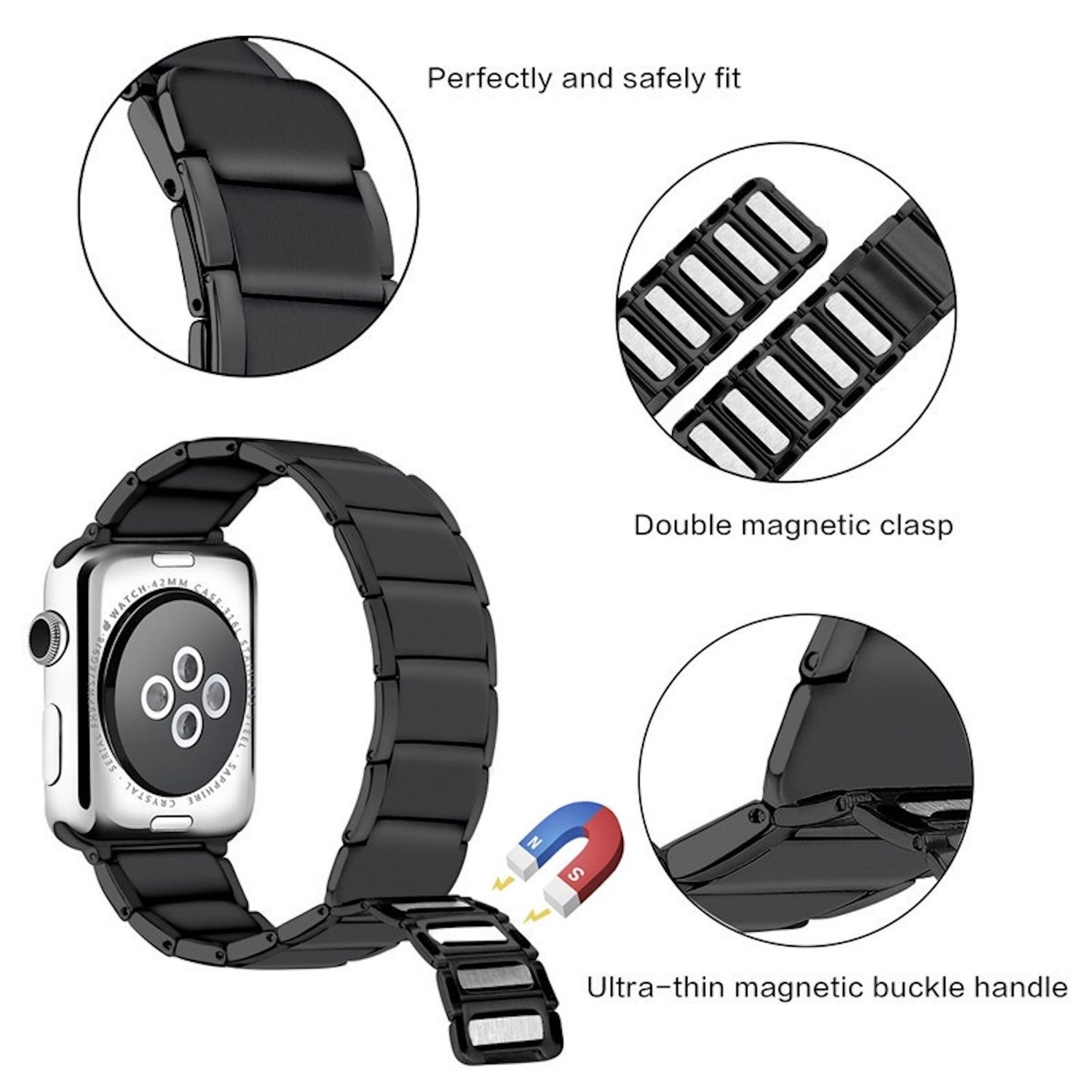 Schwarze Apple Watch mit Magnetverschluss und ultradünner Schnalle. Magnete sind abgebildet. Details des Armbands sind ebenfalls gezeigt.