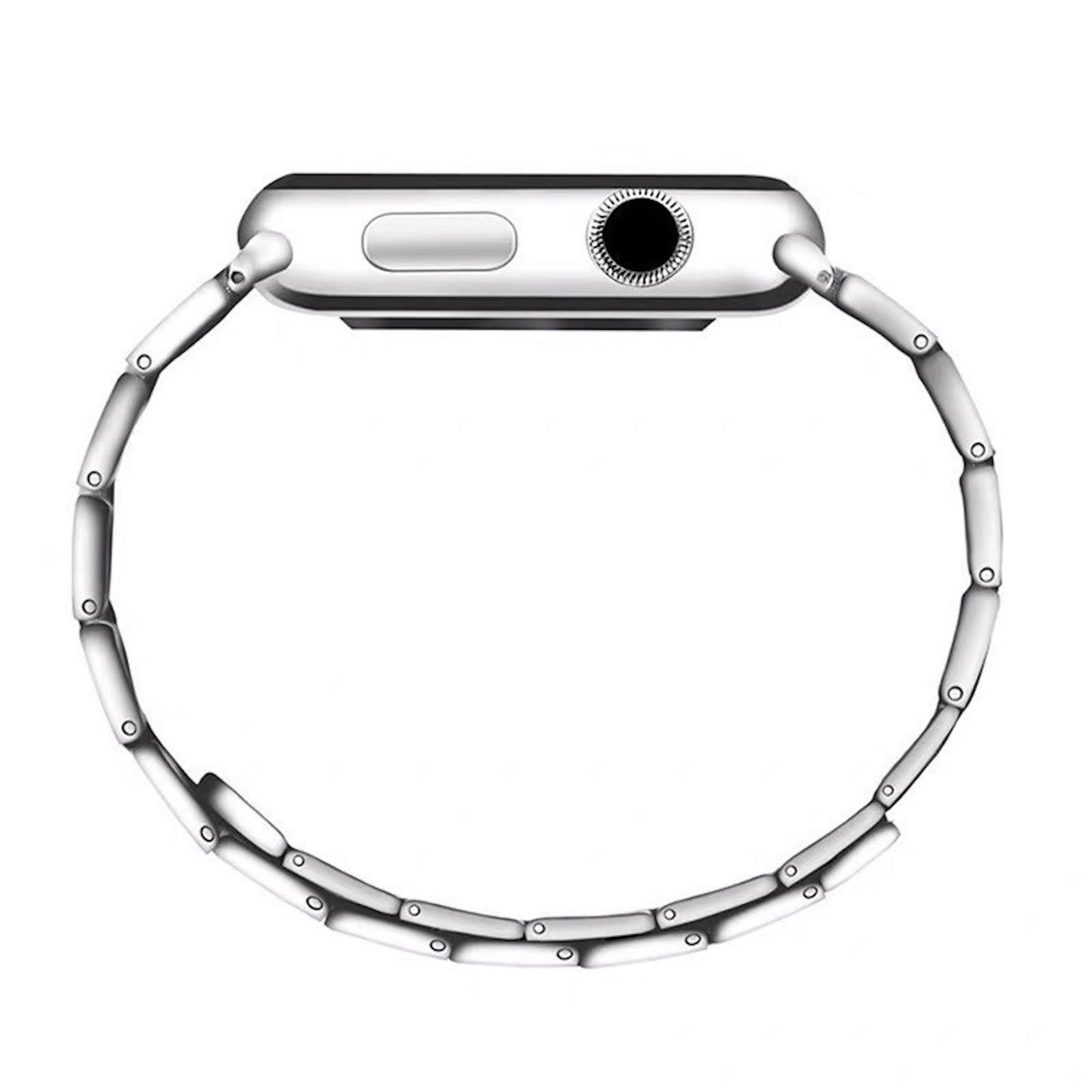 Eine silberne Smartwatch mit Metallarmband wird gezeigt. Das Zifferblatt hat einen schwarzen Kreis und einen Knopf. Das Band ist verbunden.