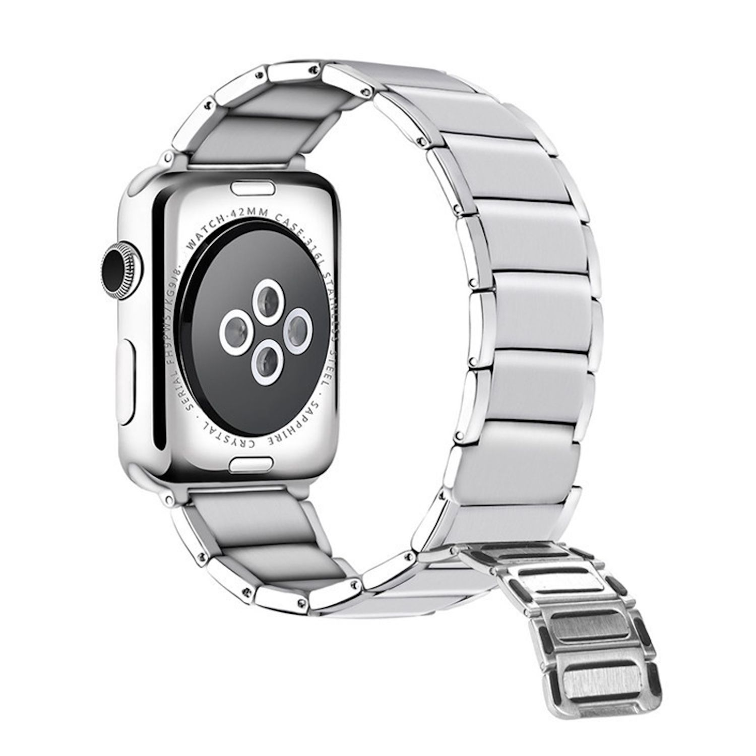 Eine silberne Apple Watch mit Metallarmband. Das Zifferblatt ist schwarz mit Sensoren. Das Armband ist gebogen und zeigt die Rückseite der Uhr.
