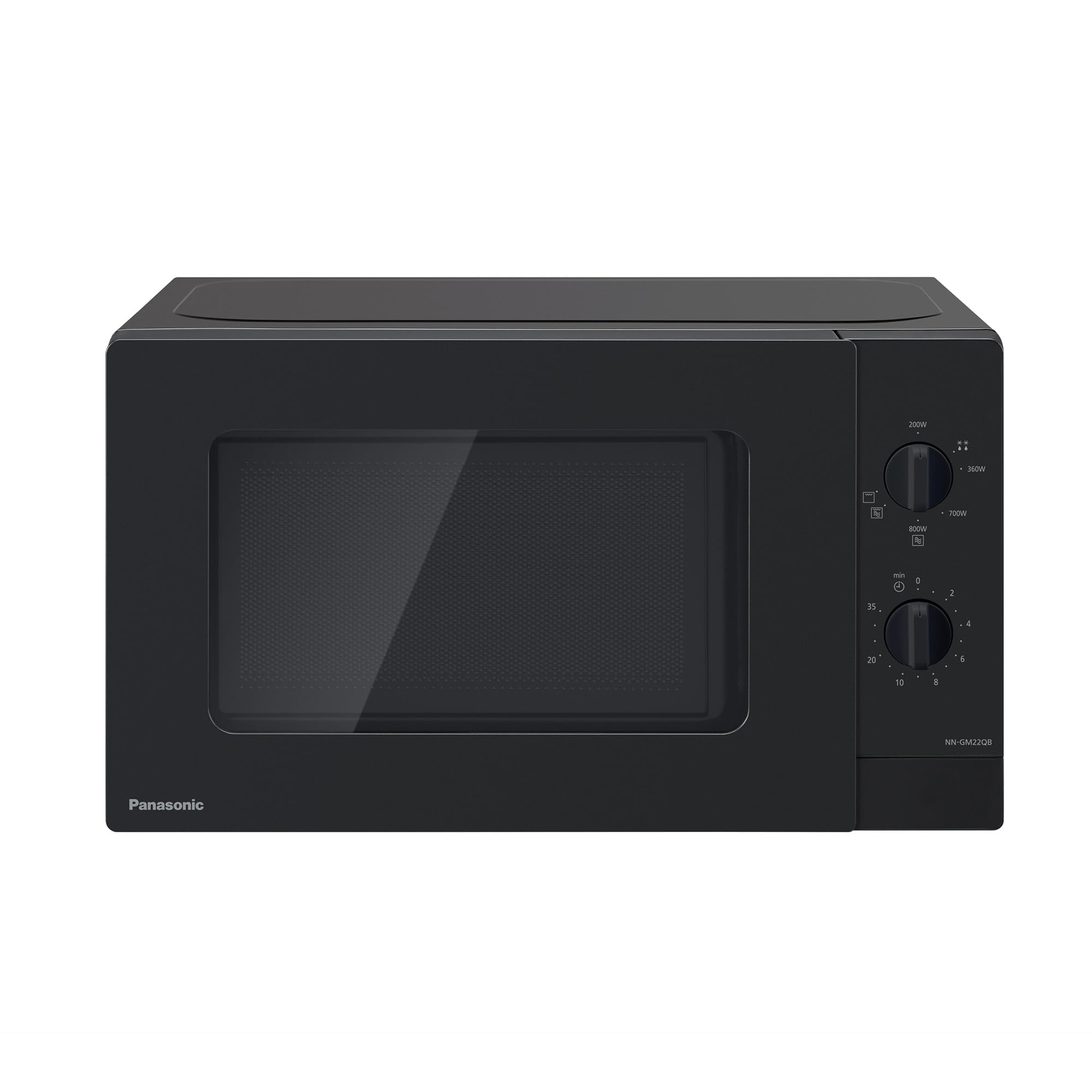 Czarny piekarnik mikrofalowy Panasonic z pokrętłami i przezroczystymi drzwiami na białym tle.