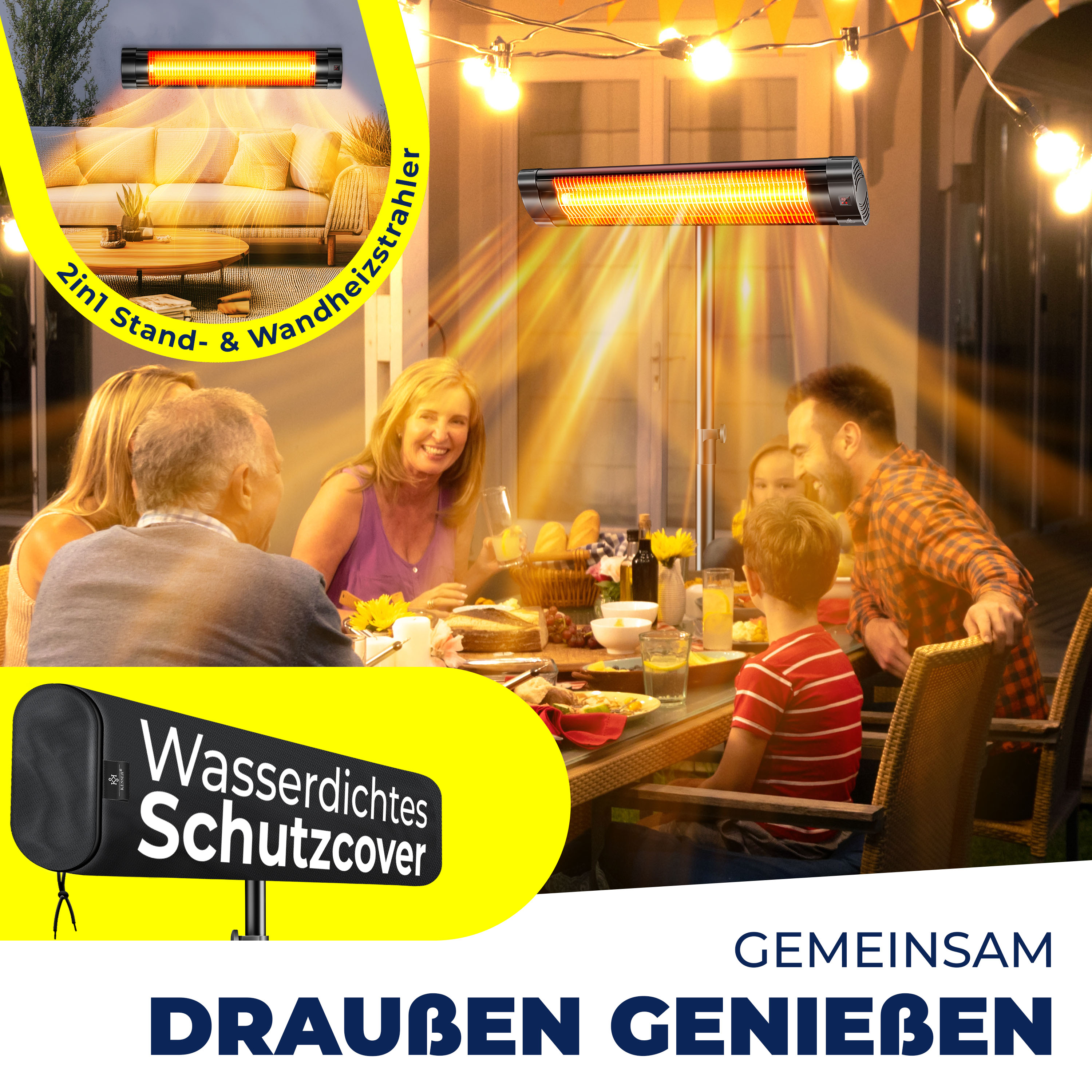 Eine Familie genießt im Freien ein Essen unter Lichterketten, mit einem Terrassenheizer und einer wasserdichten Abdeckung.