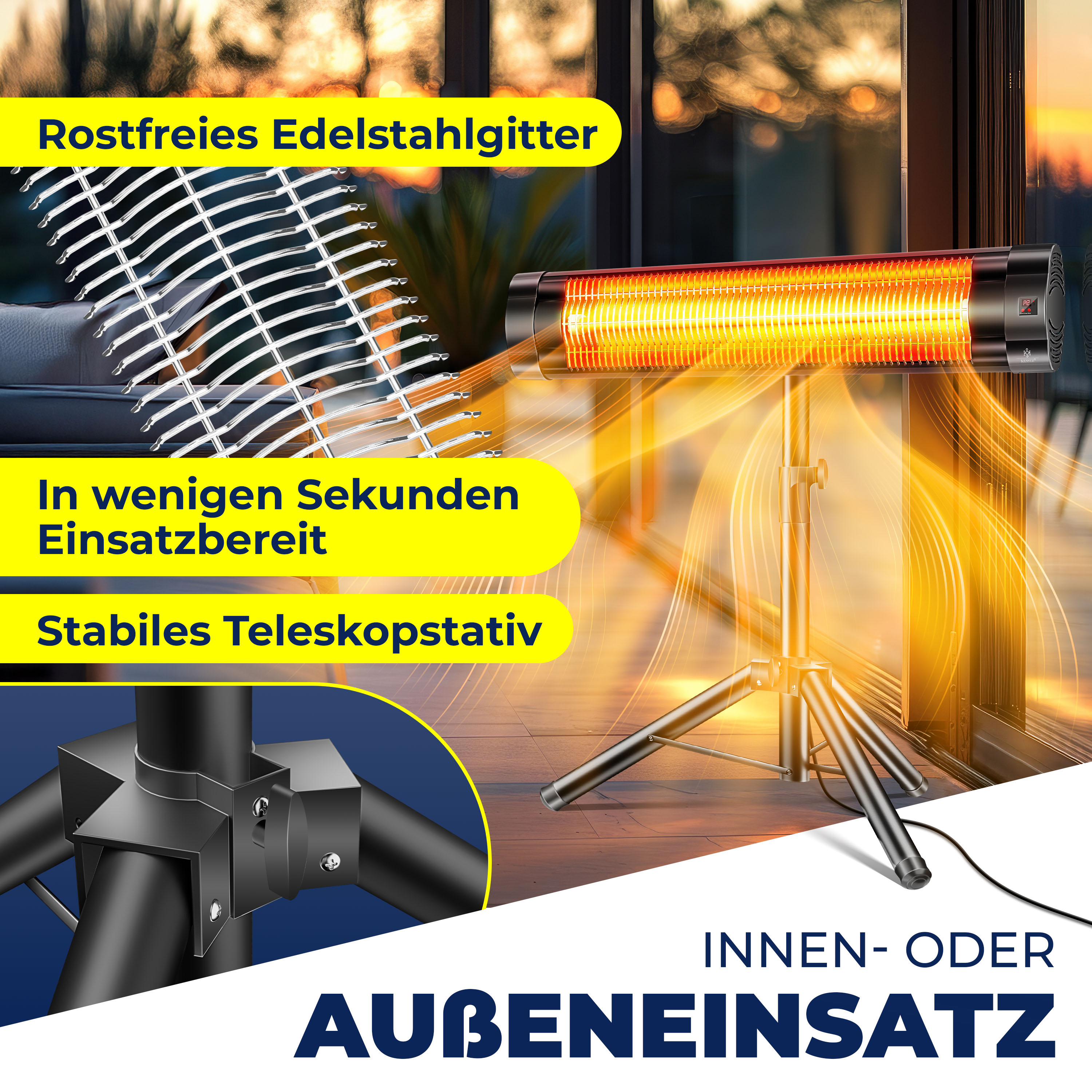 Ein Heizstrahler mit Edelstahlgitter und Teleskopstativ. Für Innen- oder Außenbereich geeignet.