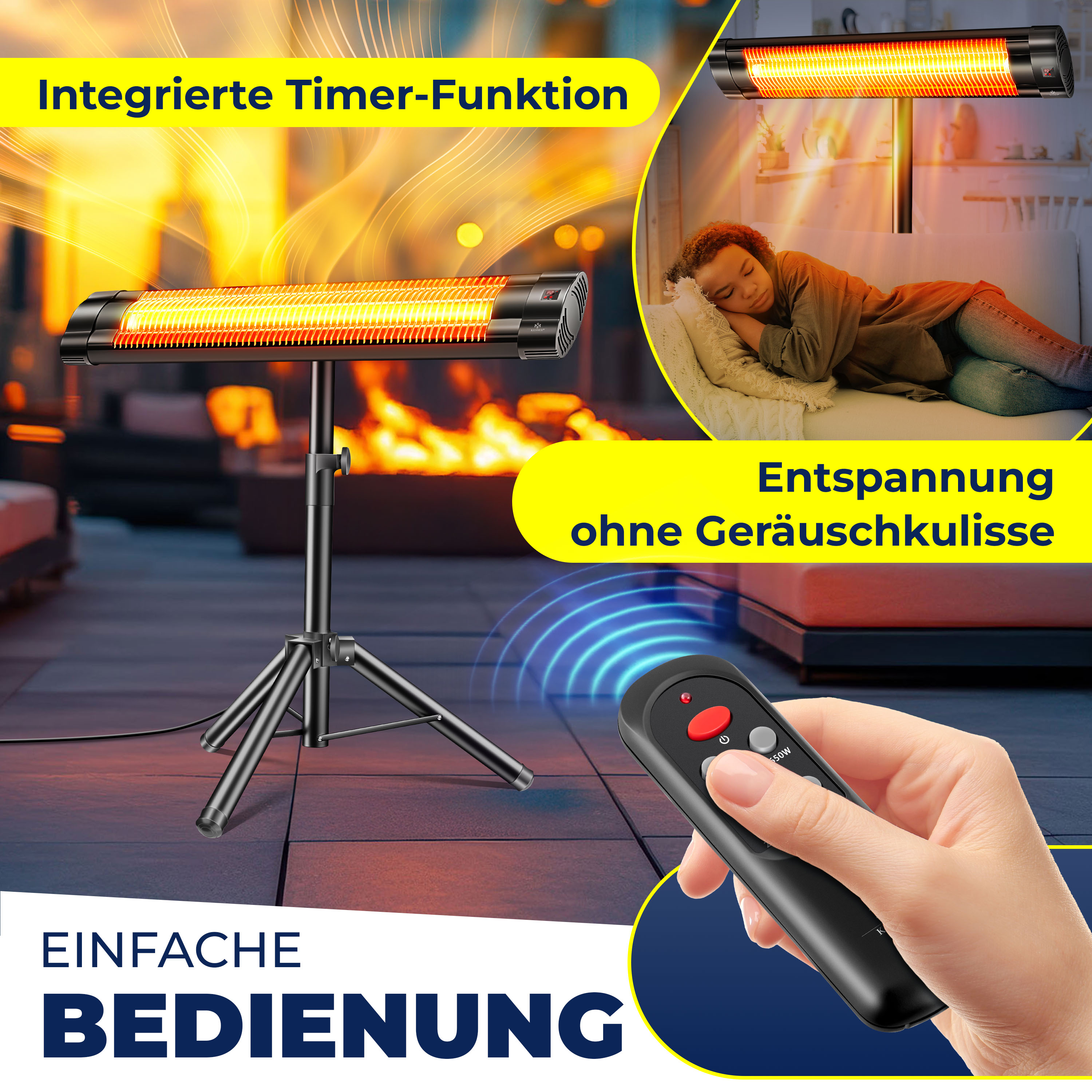 Das Bild zeigt einen Infrarot-Heizstrahler. Eine Person schläft. Eine Fernbedienung ist in der Hand. Text erwähnt Timerfunktion.