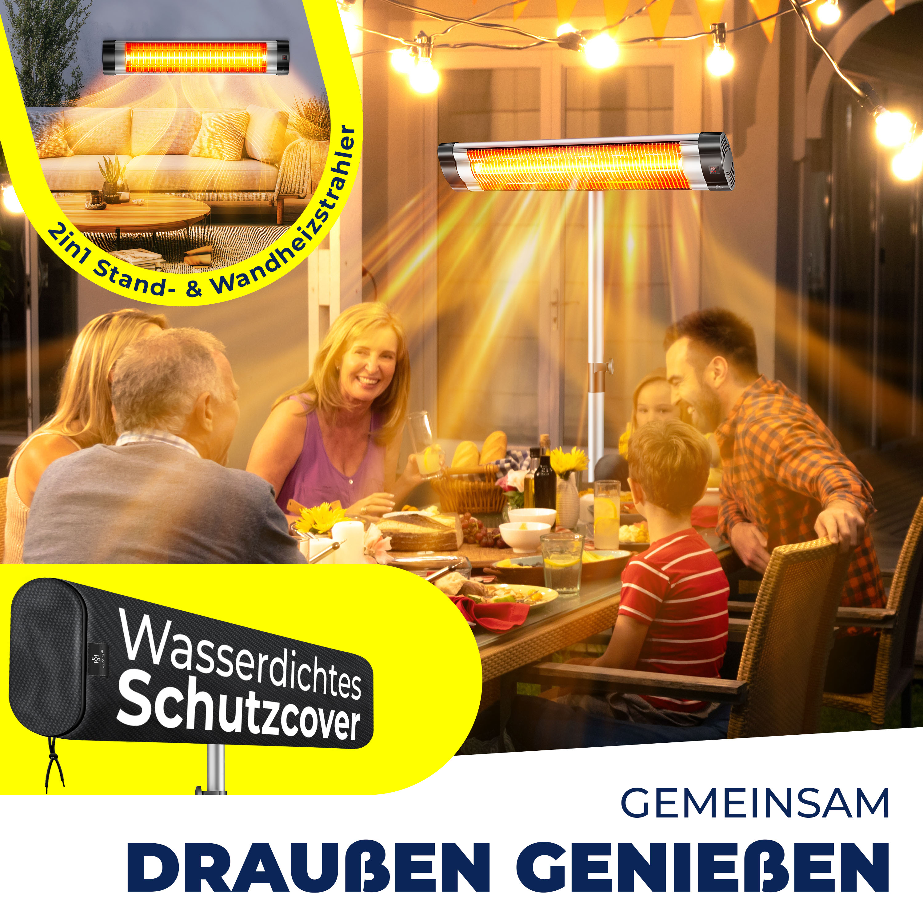 Eine Familie genießt eine Mahlzeit im Freien. Infrarot-Heizungen sind vorhanden. Text: 'Gemeinsam Draußen Genießen'.