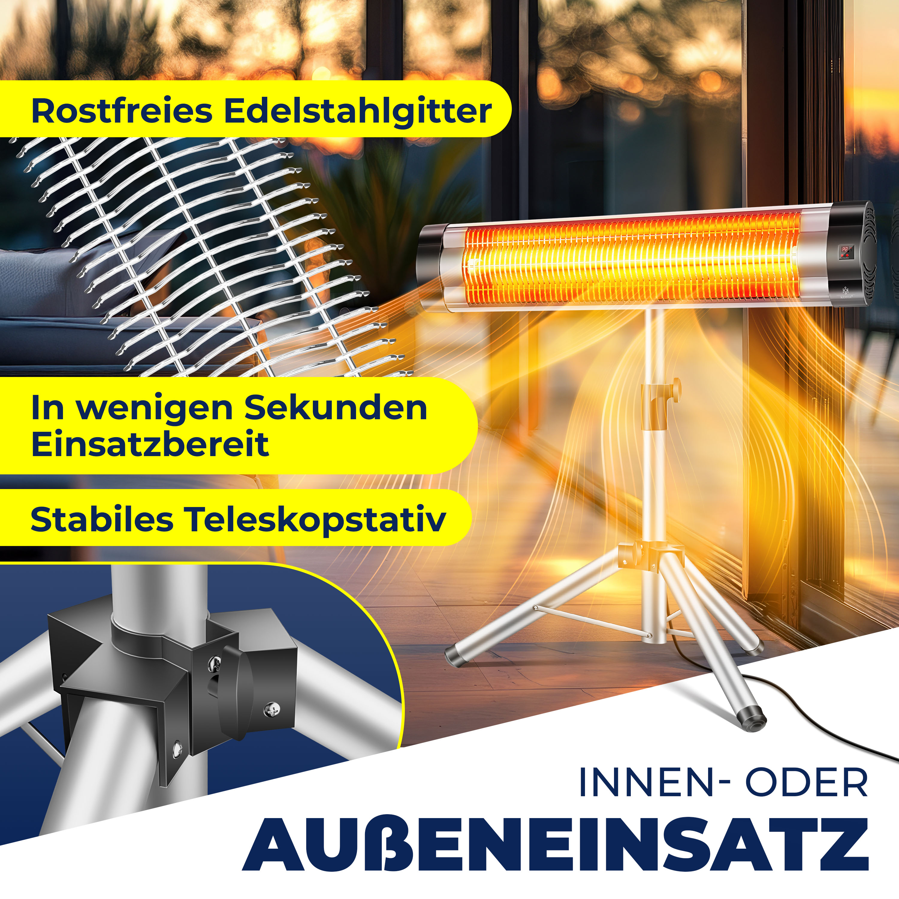 Ein Infrarotheizgerät auf einem Stativ. Merkmale sind Edelstahlgitter, schneller Aufbau und Innen-/Außennutzung.