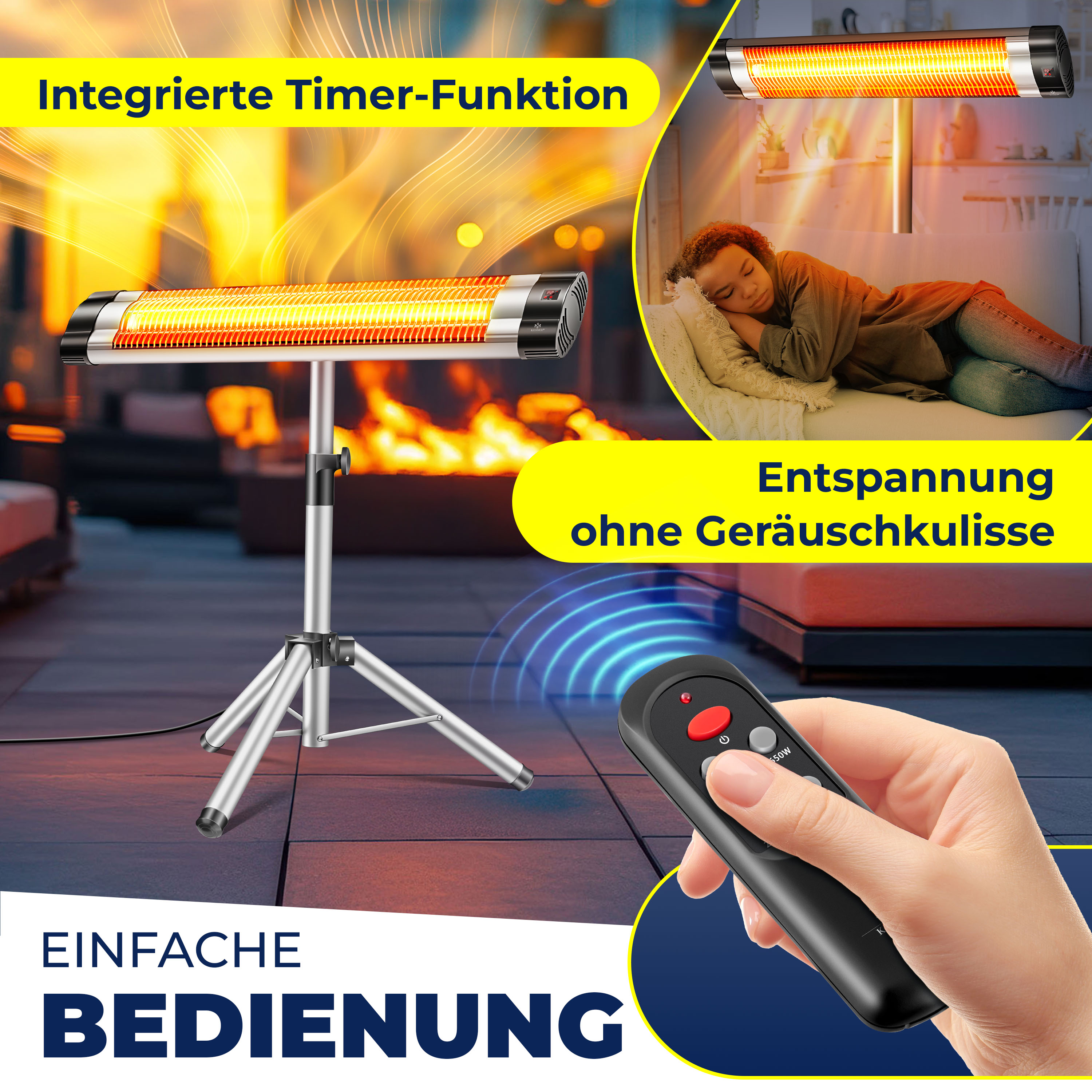 Ein Außenheizgerät auf einem Stativ, eine Person schläft, eine Fernbedienung in der Hand, und Text: Einfache Bedienung, Timer-Funktion.