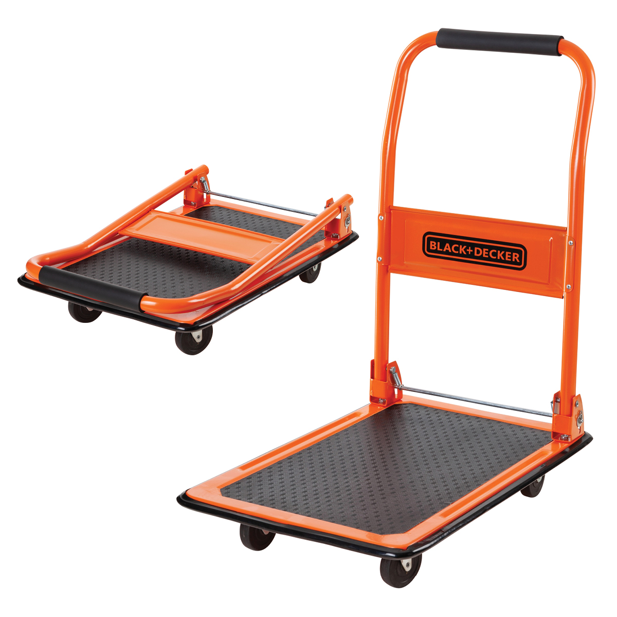 Two orange Black+Decker hand trucks, one folded. Both have black platforms and wheels. The unfolded one is upright.