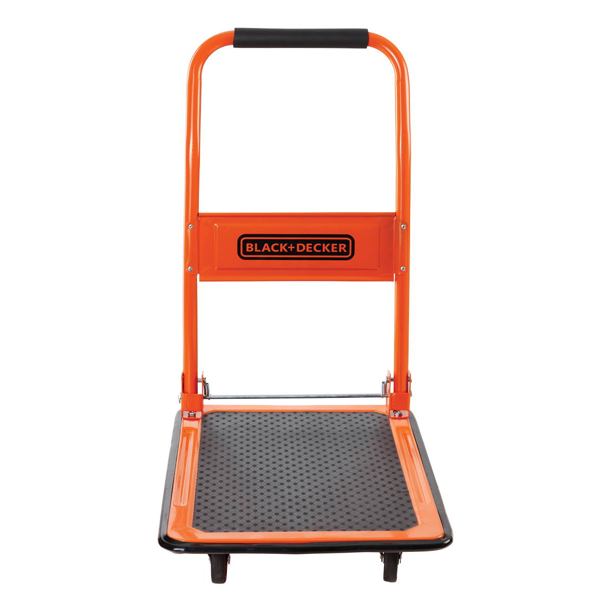 An orange and black Black+Decker hand truck, with a black handle and a black textured platform, on a white background.