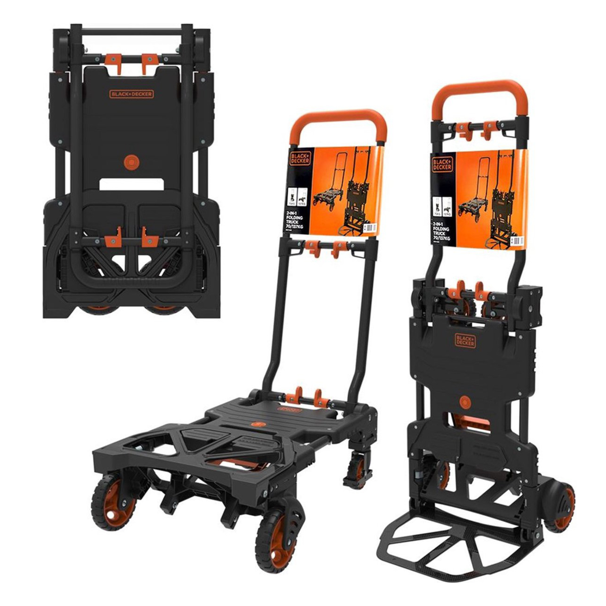 Black and orange folding hand truck. It is in different positions: folded, partially extended, and fully extended.