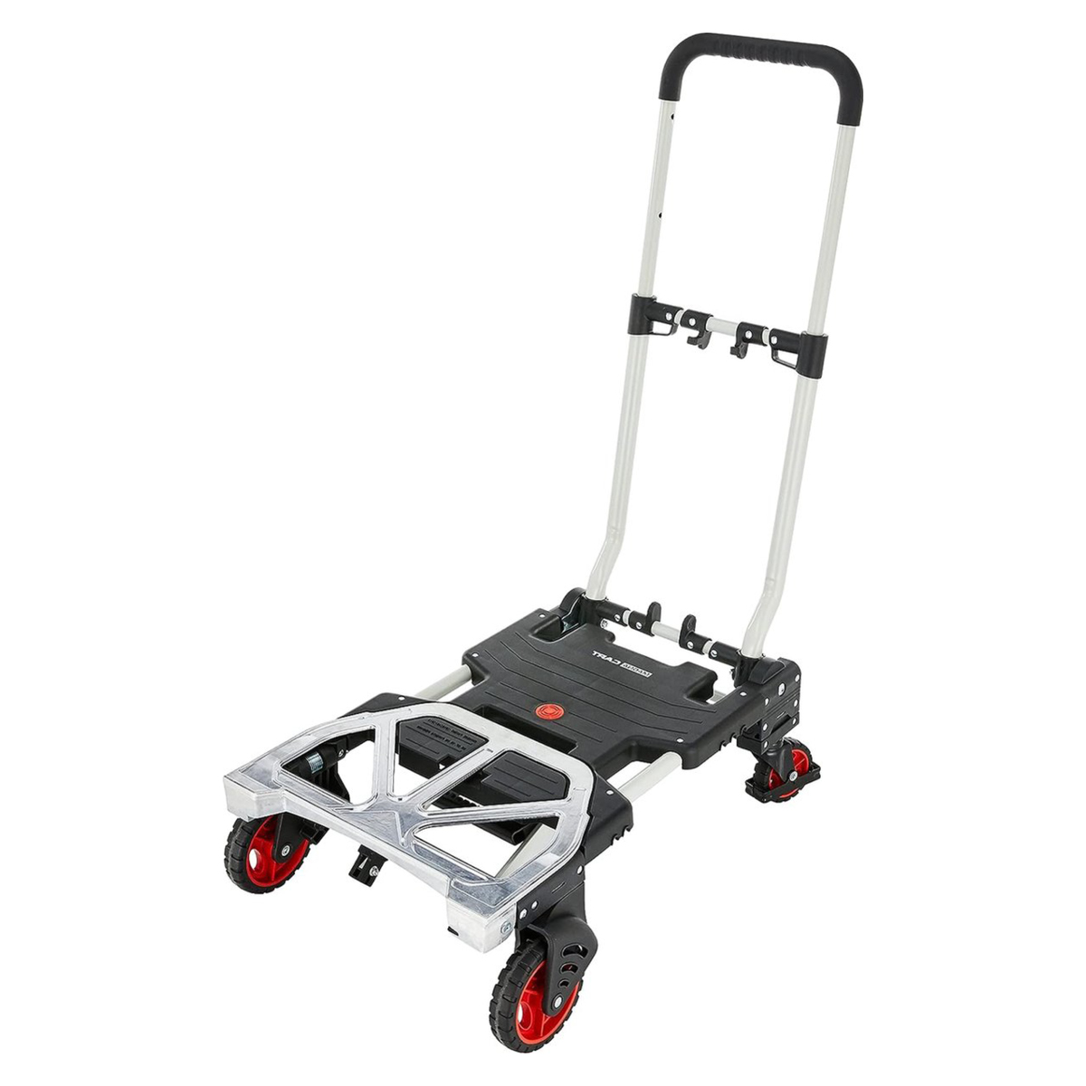 A black and silver hand truck with red wheels. It has a handle, a platform, and a folding mechanism.