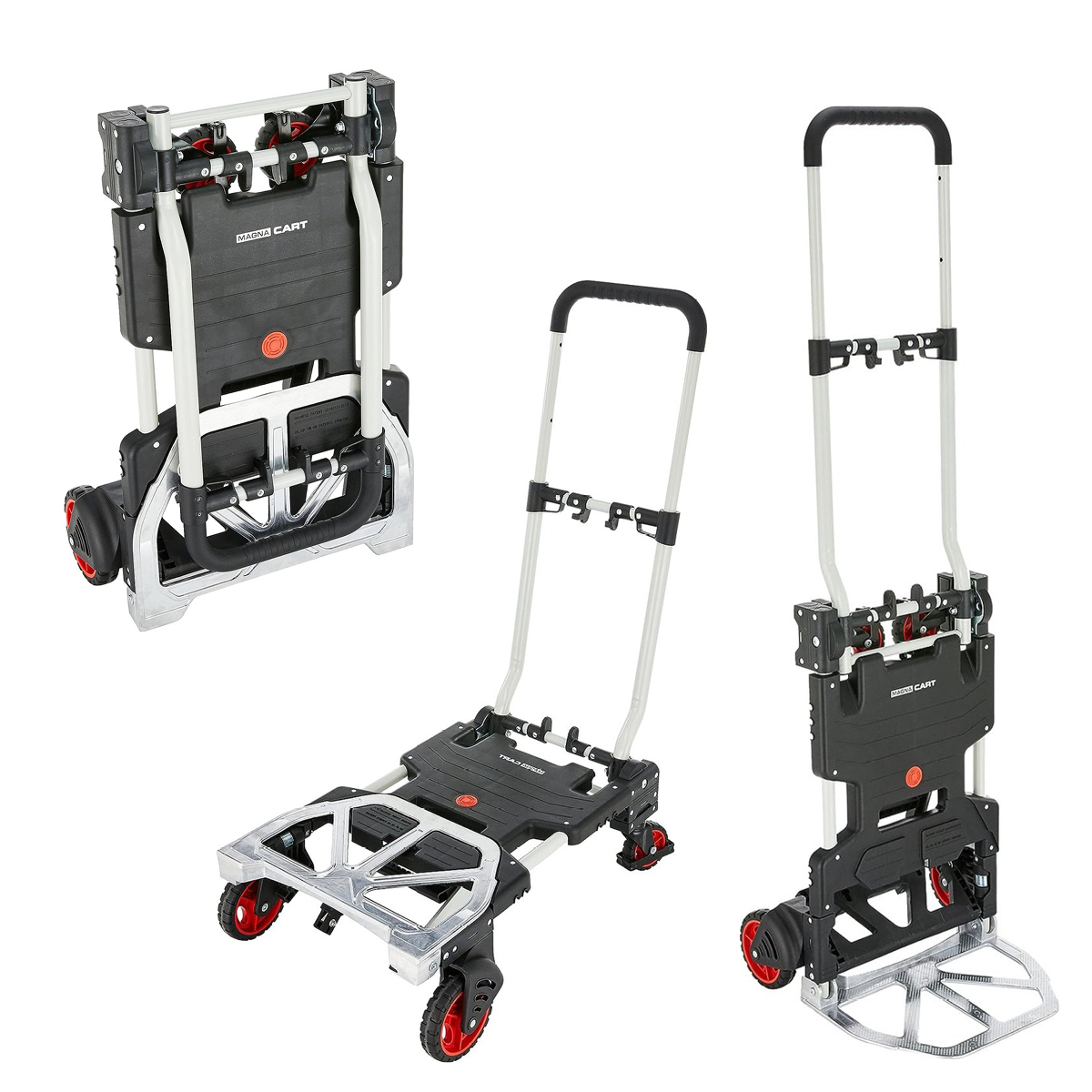 Three views of a black and silver folding hand truck. Wheels are red. One view is folded, one is open, and one is partially folded.