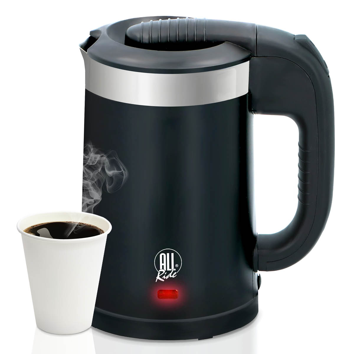 A black electric kettle with a cup of coffee next to it. Steam rises from the kettle. A red light is on.