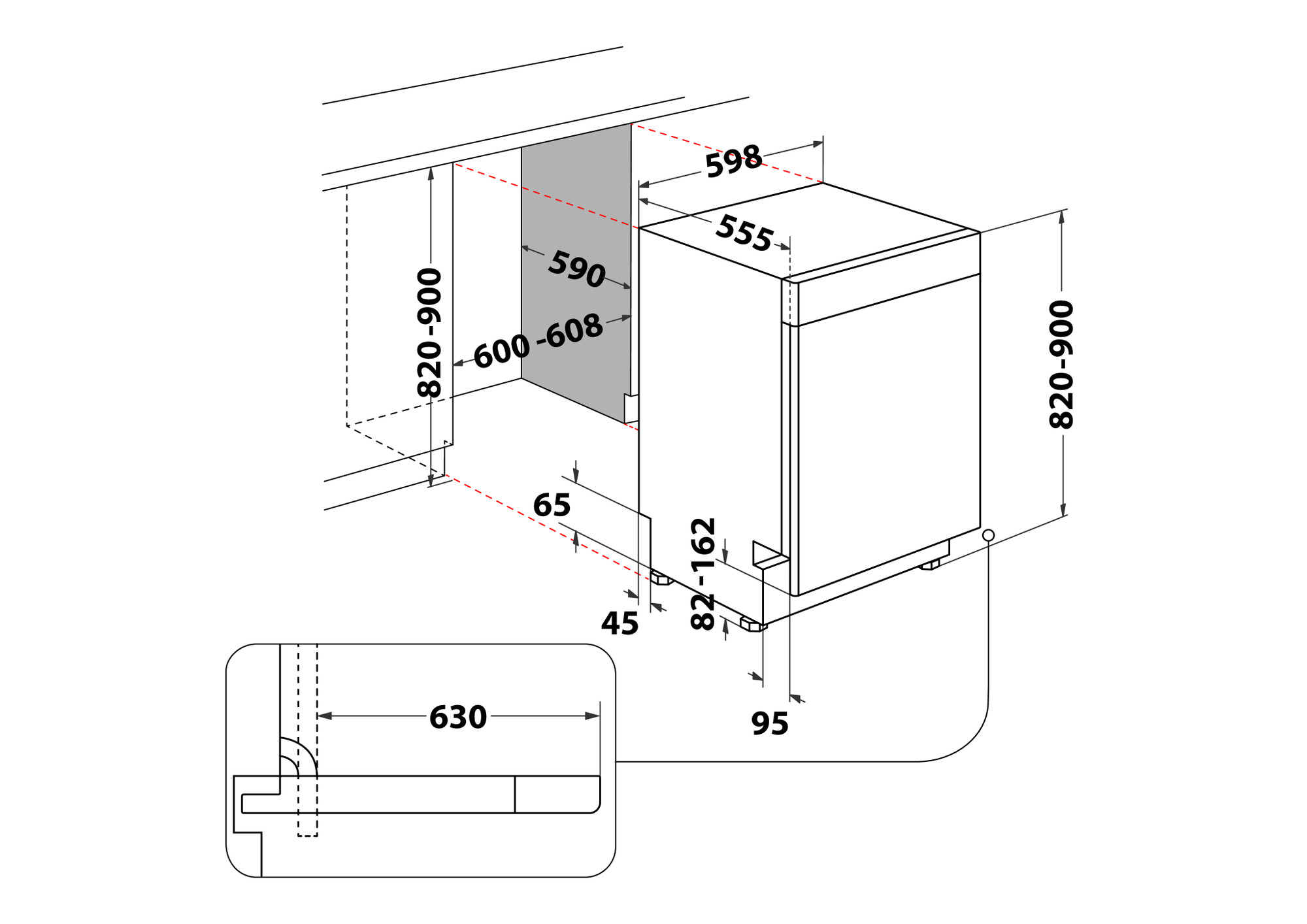 Diagramm eines Einbaugeschirrspülers mit Maßen in Millimetern. Enthält Details zu Höhe, Breite und Tiefe für die Installation.