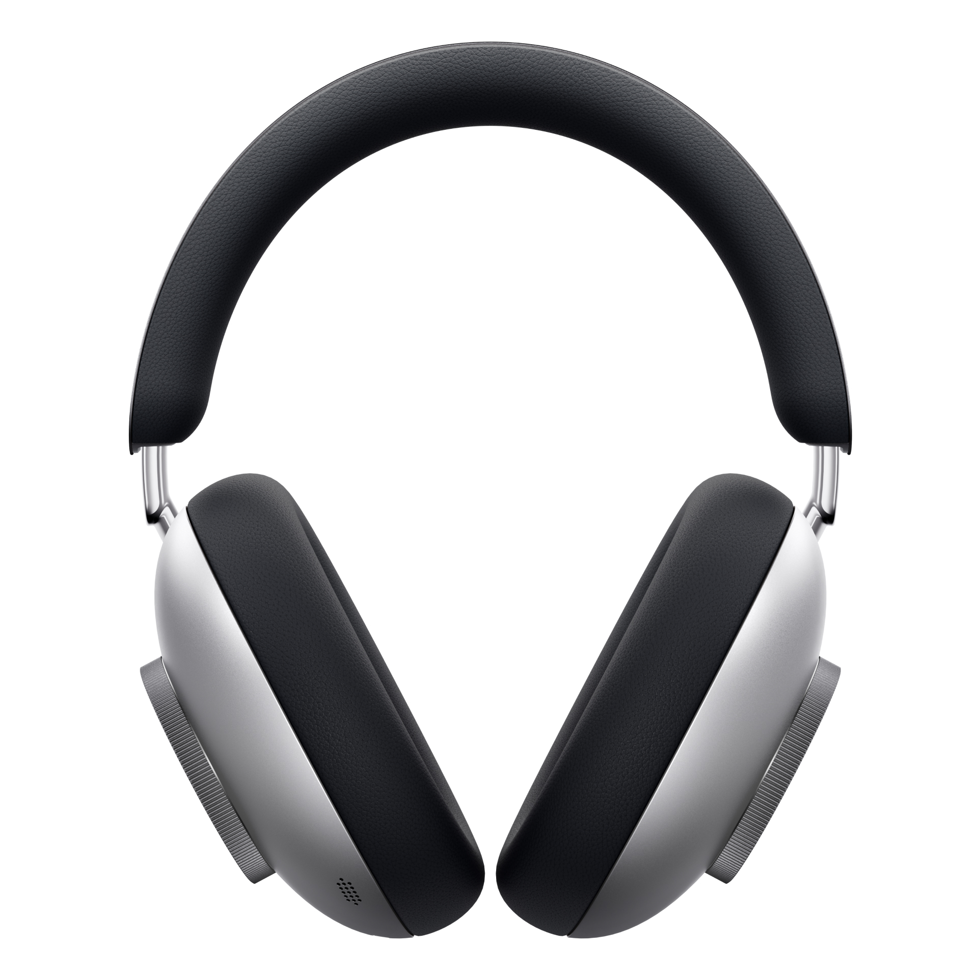 Over-Ear-Kopfhörer, schwarzes gepolstertes Kopfband, silberne Ohrmuscheln mit schwarzen Polstern und weißem Hintergrund.