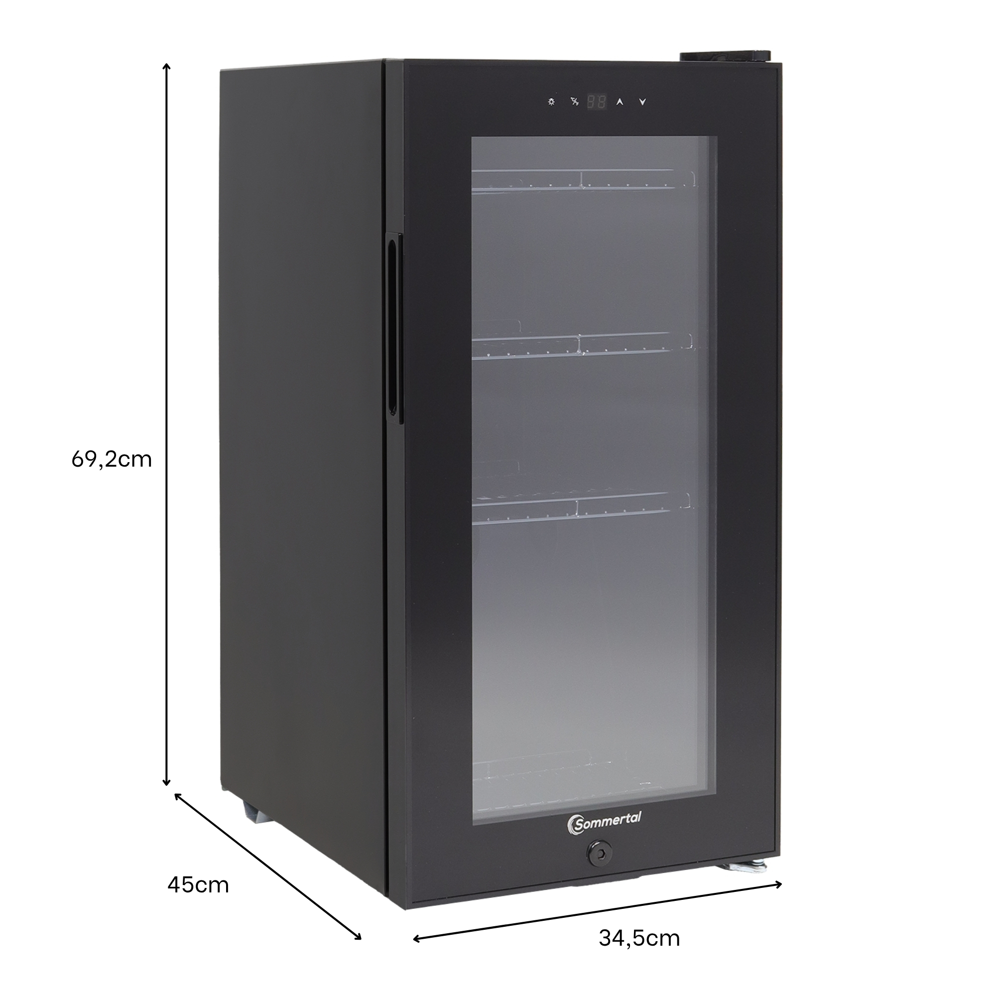 Ein schwarzer Minikühlschrank mit Glastür. Abmessungen: 69,2 cm hoch, 45 cm breit und 34,5 cm tief.