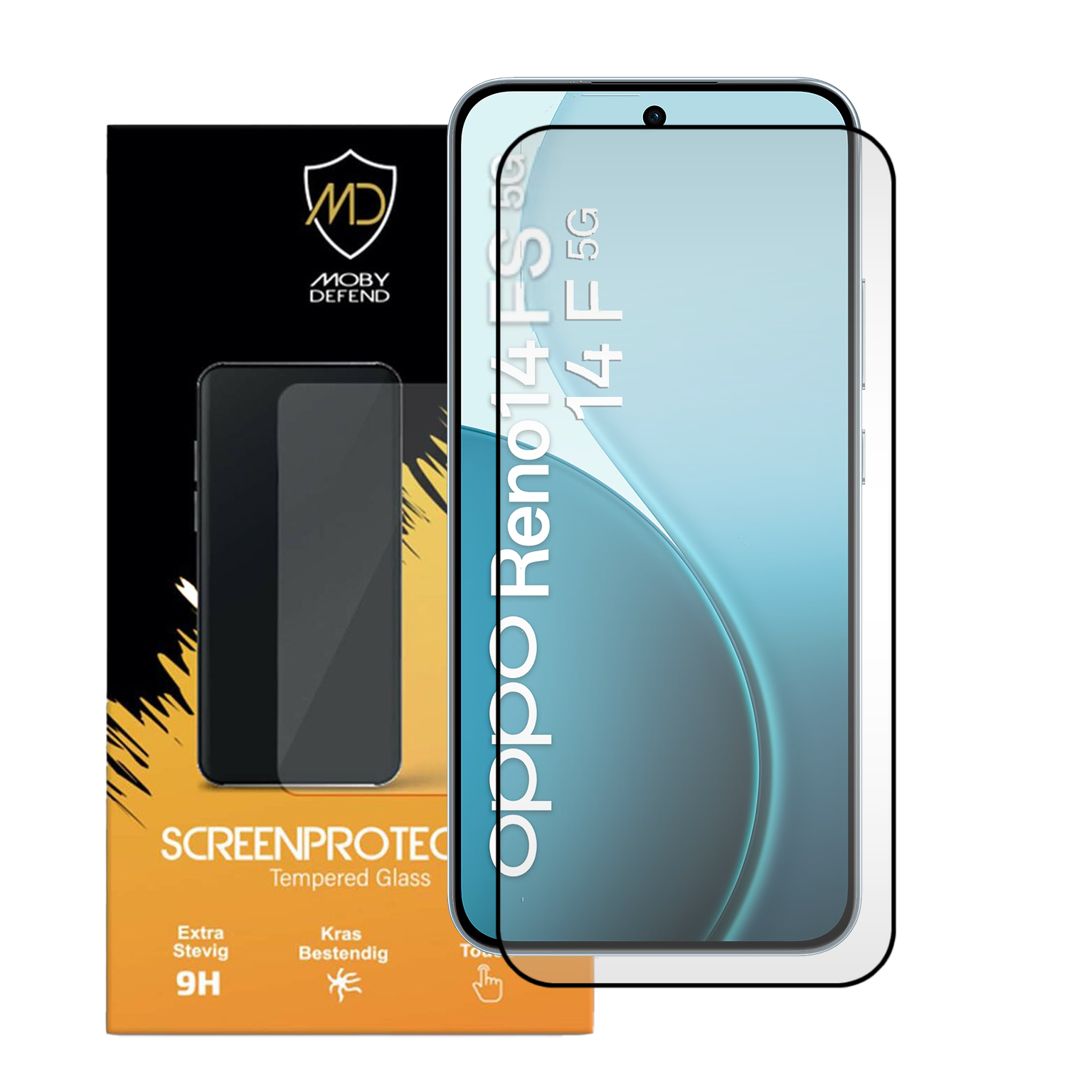 Un protecteur d'écran pour Oppo Reno14 F 5G, dans une boîte avec le logo Moby Defend. Le protecteur est sur un téléphone.