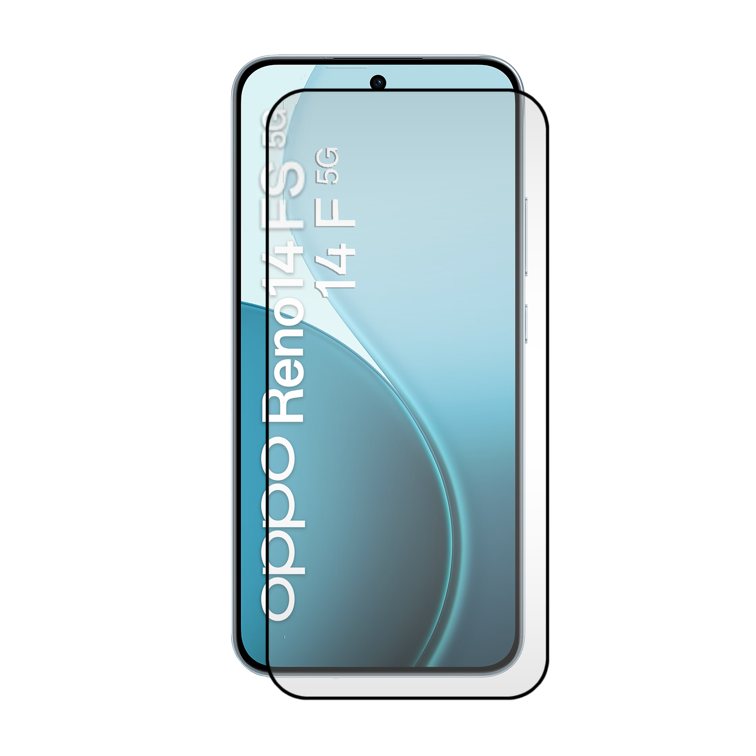 Un smartphone avec protecteur d'écran. Le téléphone affiche un fond bleu dégradé. La marque 'oppo Reno14 F 5G' est visible.