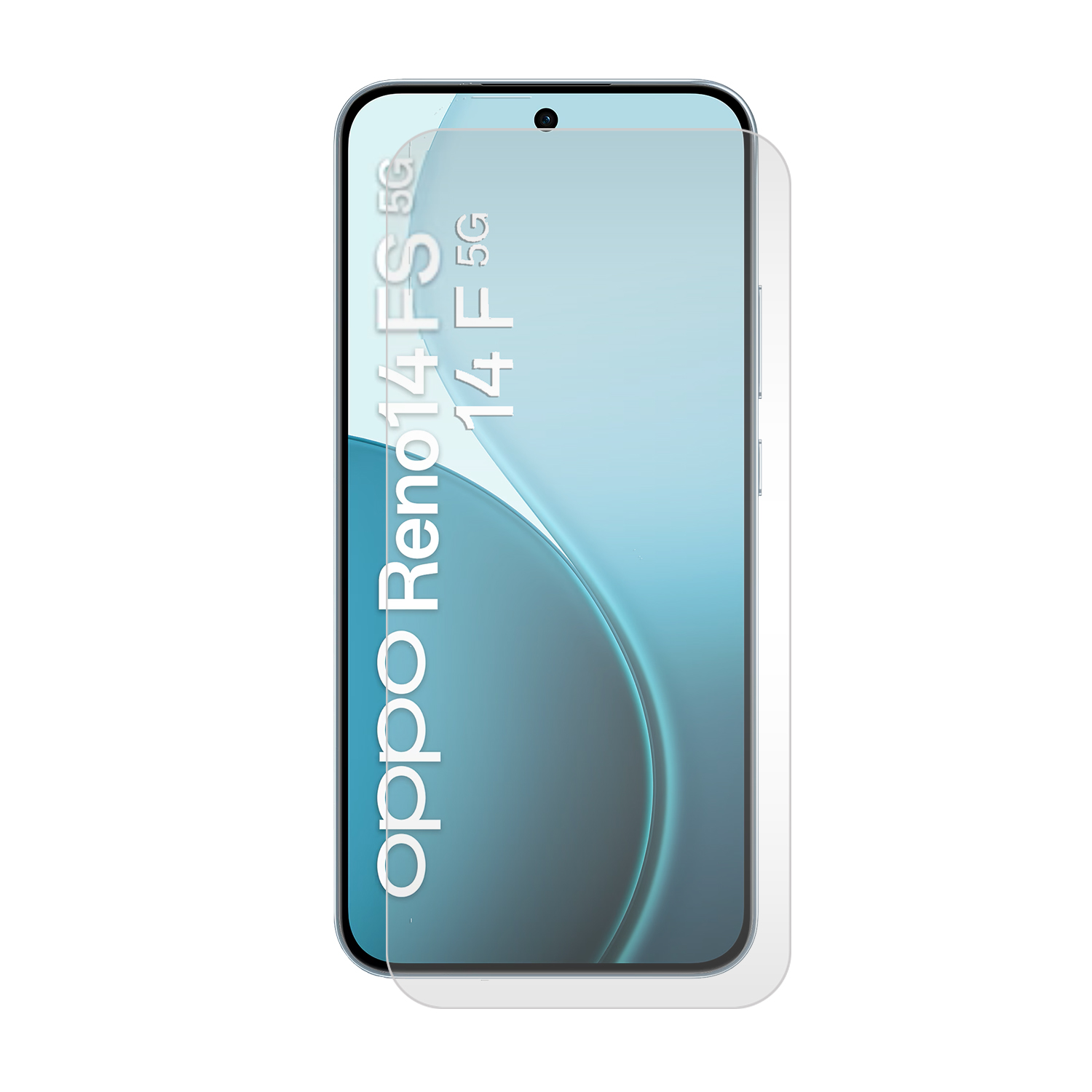 Een smartphone met een schermbeschermer. De telefoon toont het Oppo Reno14 FS 5G logo. Het scherm toont een blauw-witte gradiënt.