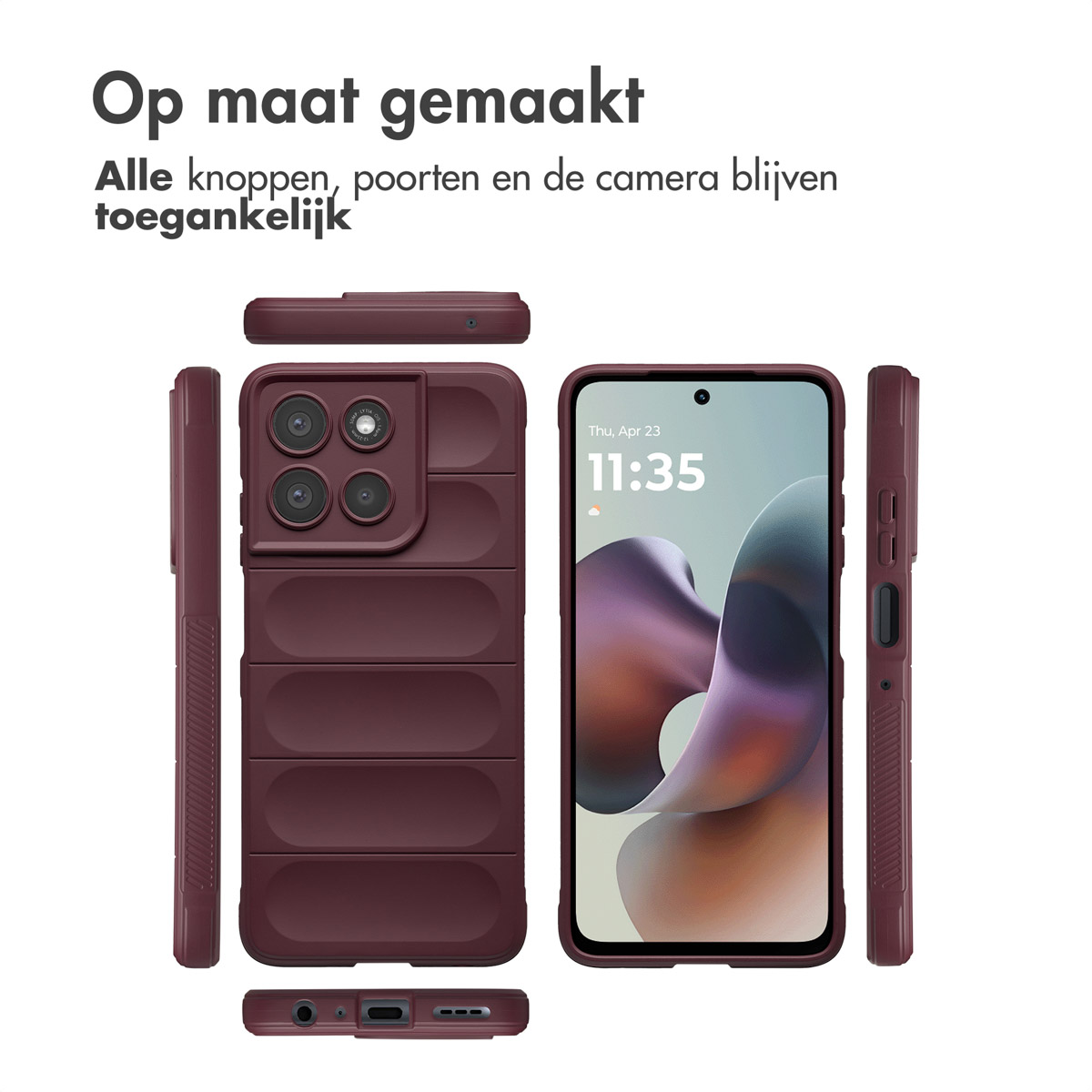 Ein weinrotes Telefon und eine Hülle sind abgebildet. Der Telefonbildschirm zeigt die Uhrzeit. Niederländischer Text ist sichtbar.