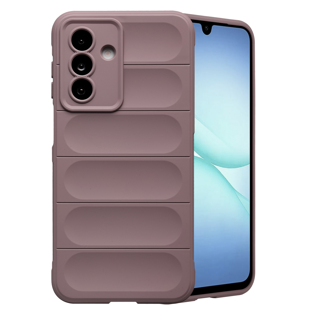 Een mauve telefoonhoesje met een getextureerde achterkant en een telefoonscherm met een wazige afbeelding.