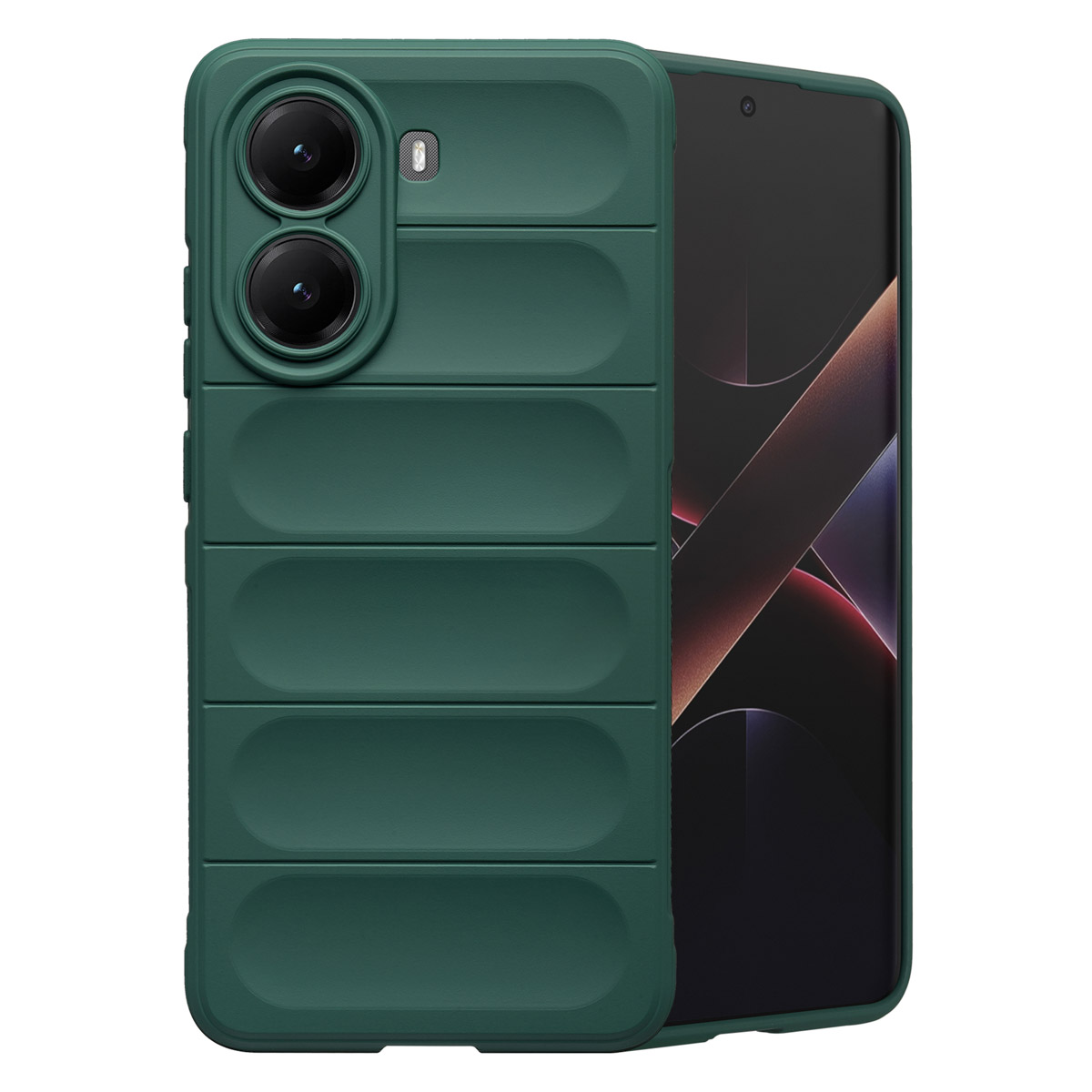 Een groene telefoonhoes met een gestructureerd ontwerp, met een telefoon. De hoes heeft uitsparingen voor de camera en een gestructureerde achterkant.