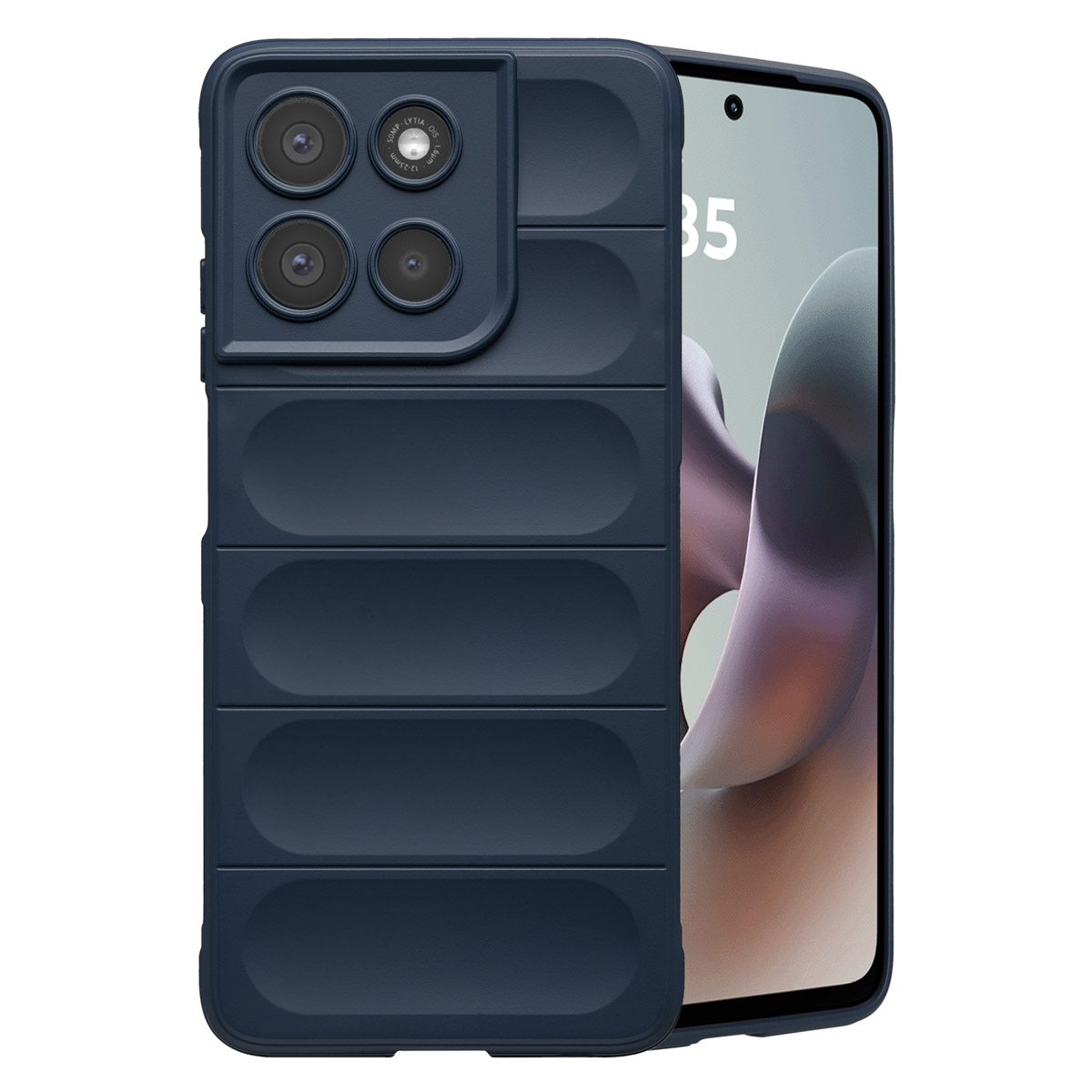 Eine marineblaue Handyhülle mit strukturiertem Design und teilweise sichtbarem Smartphone. Die Hülle hat Kameraausschnitte.