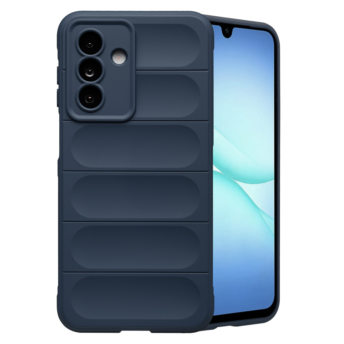 Een marineblauwe telefoonhoes met een textuurontwerp, die de achterkant en zijkanten van de telefoon bedekt. Het scherm is zichtbaar.