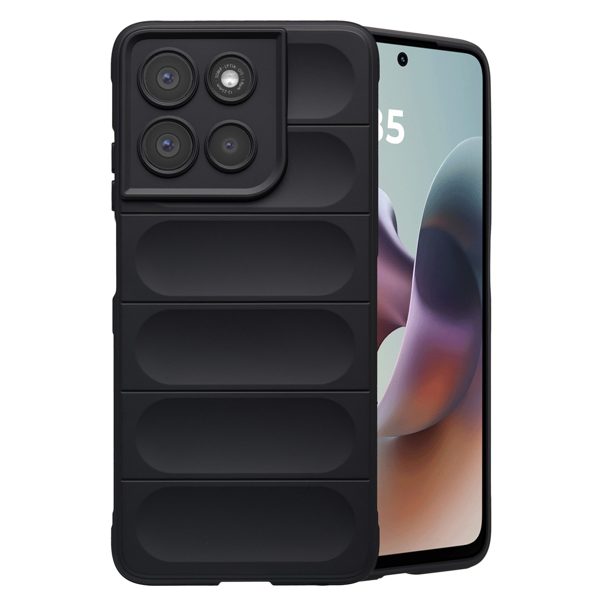 Schwarzes Telefon mit Schutzhülle. Die Hülle hat ein einzigartiges Design mit mehreren horizontalen Rippen. Der Bildschirm ist sichtbar.