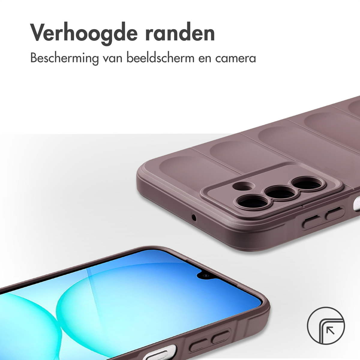 Een telefoonhoesje in mauve kleur wordt getoond, met een telefoon op de voorgrond. De hoes heeft verhoogde randen. De tekst zegt 'verhoogde randen'.