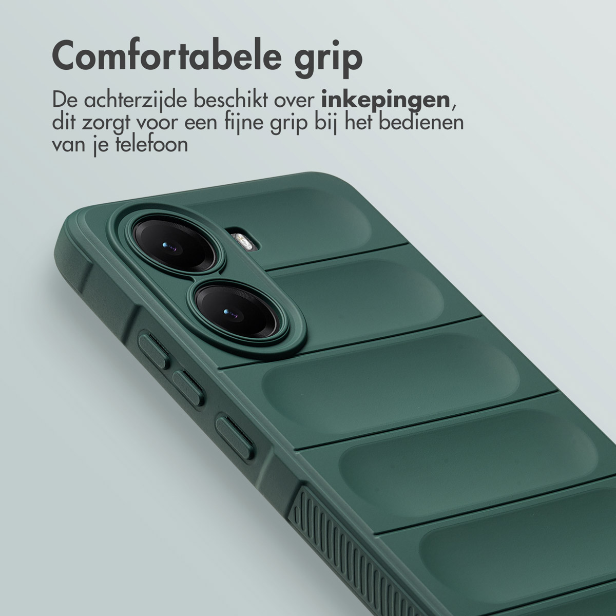 Een donkergroene telefoonhoes met camera en knoppen, de tekst luidt 'Comfortabele grip'. Het heeft inkepingen voor grip en een lichte achtergrond.