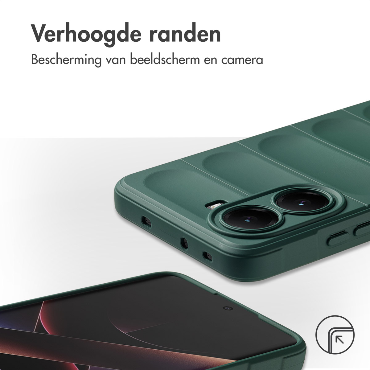 Groene telefoonhoes met verhoogde randen, beschermt het scherm en de camera. Het telefoonscherm is onderaan zichtbaar.