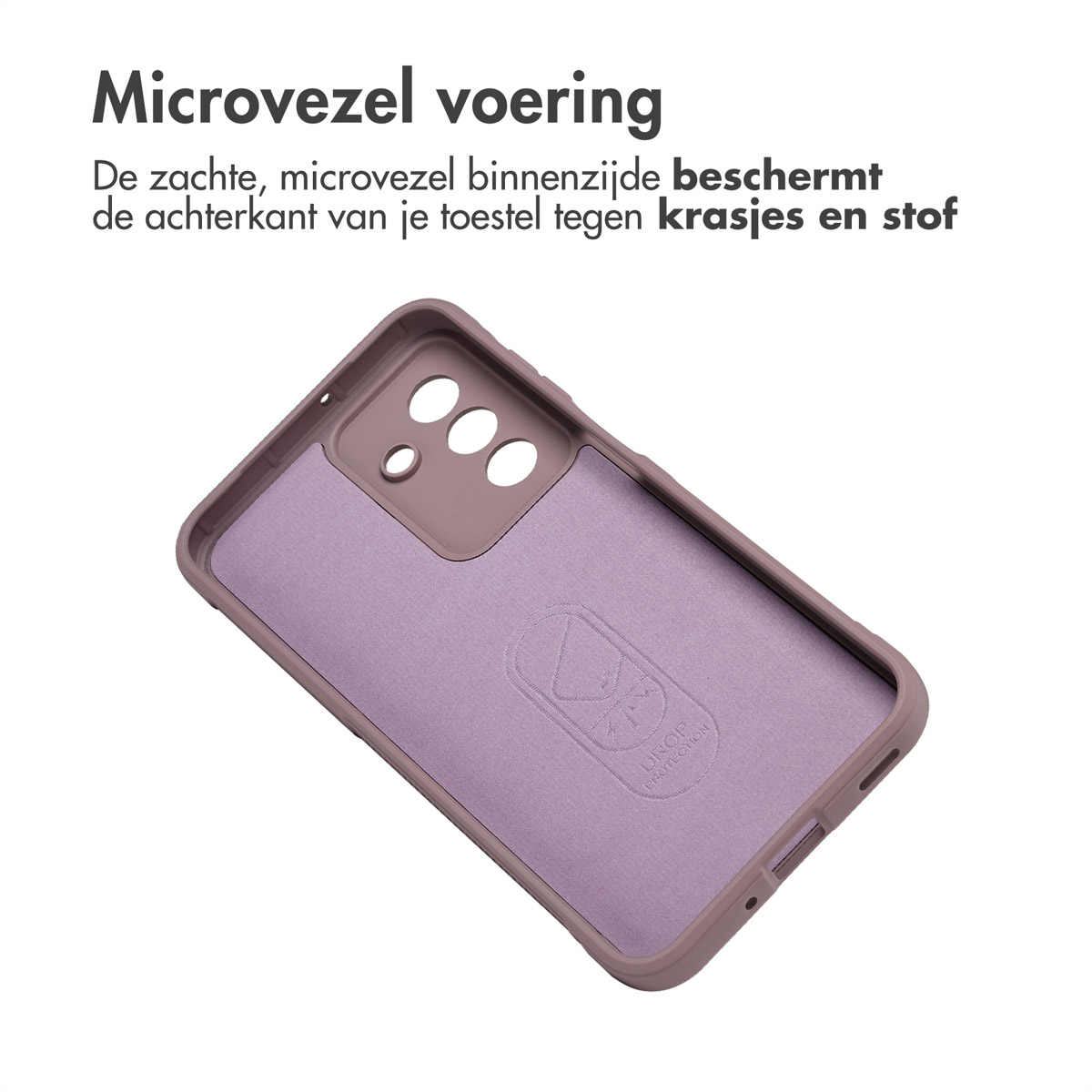 Een paarse telefoonhoes met microvezelvoering. Boven staat 'Microvezel voering'. Het logo 'DROP PROTECTION' is zichtbaar.