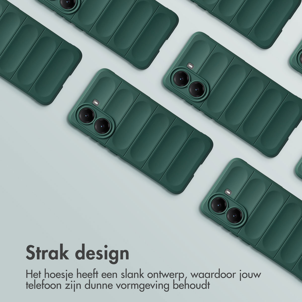 Groene telefoonhoesjes met geribbeld ontwerp zijn diagonaal geplaatst. De achtergrond is lichtgrijs. Onderaan staat: 'Strak design'.