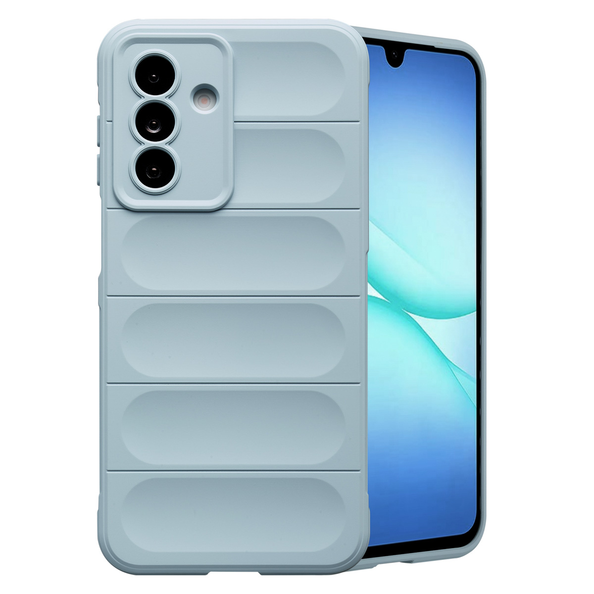Une coque de téléphone bleu clair avec des lignes horizontales et un téléphone à l'intérieur. Il a un appareil photo sur le côté.